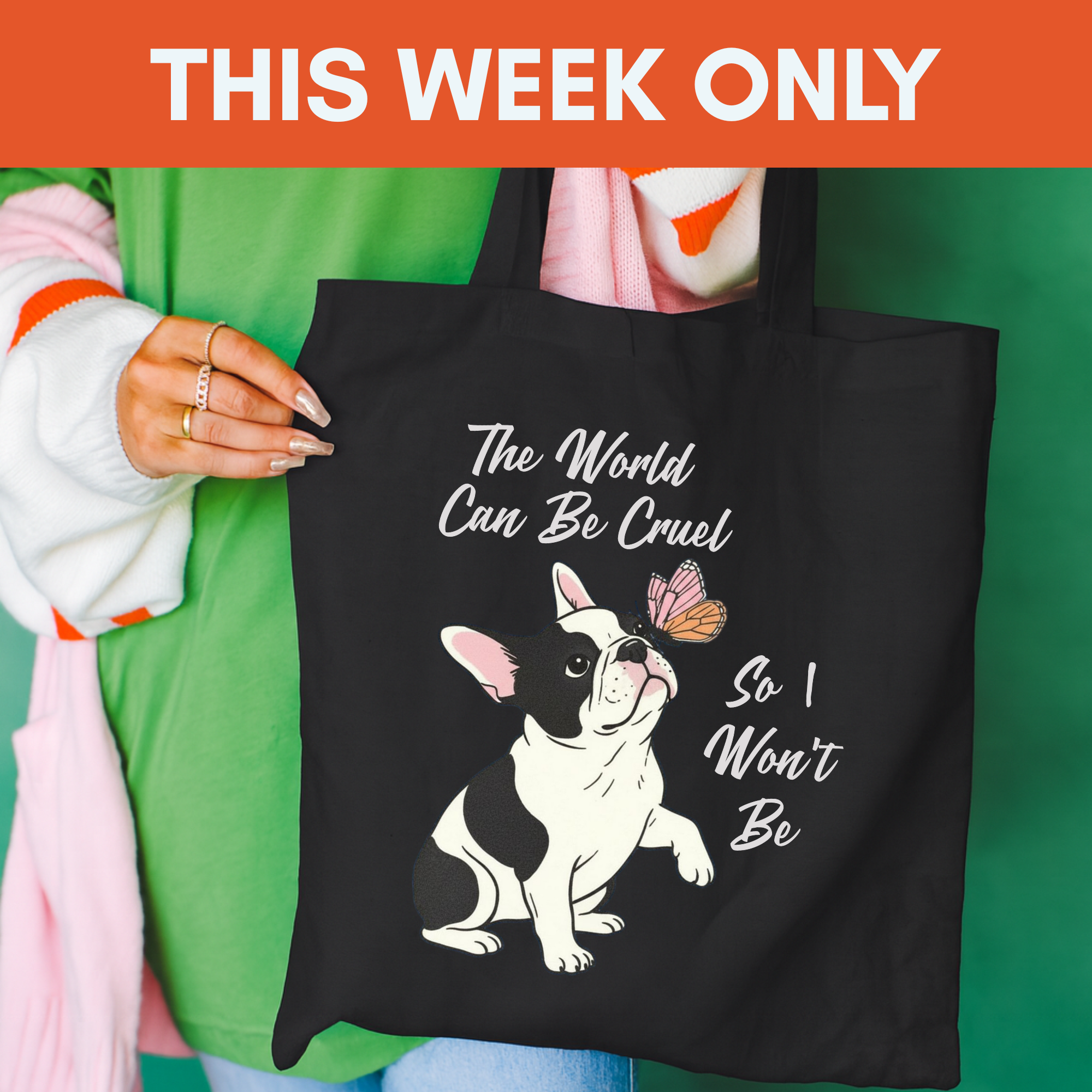 Cruel World Piebald Frenchie Tote Bag Black 15" x 16"