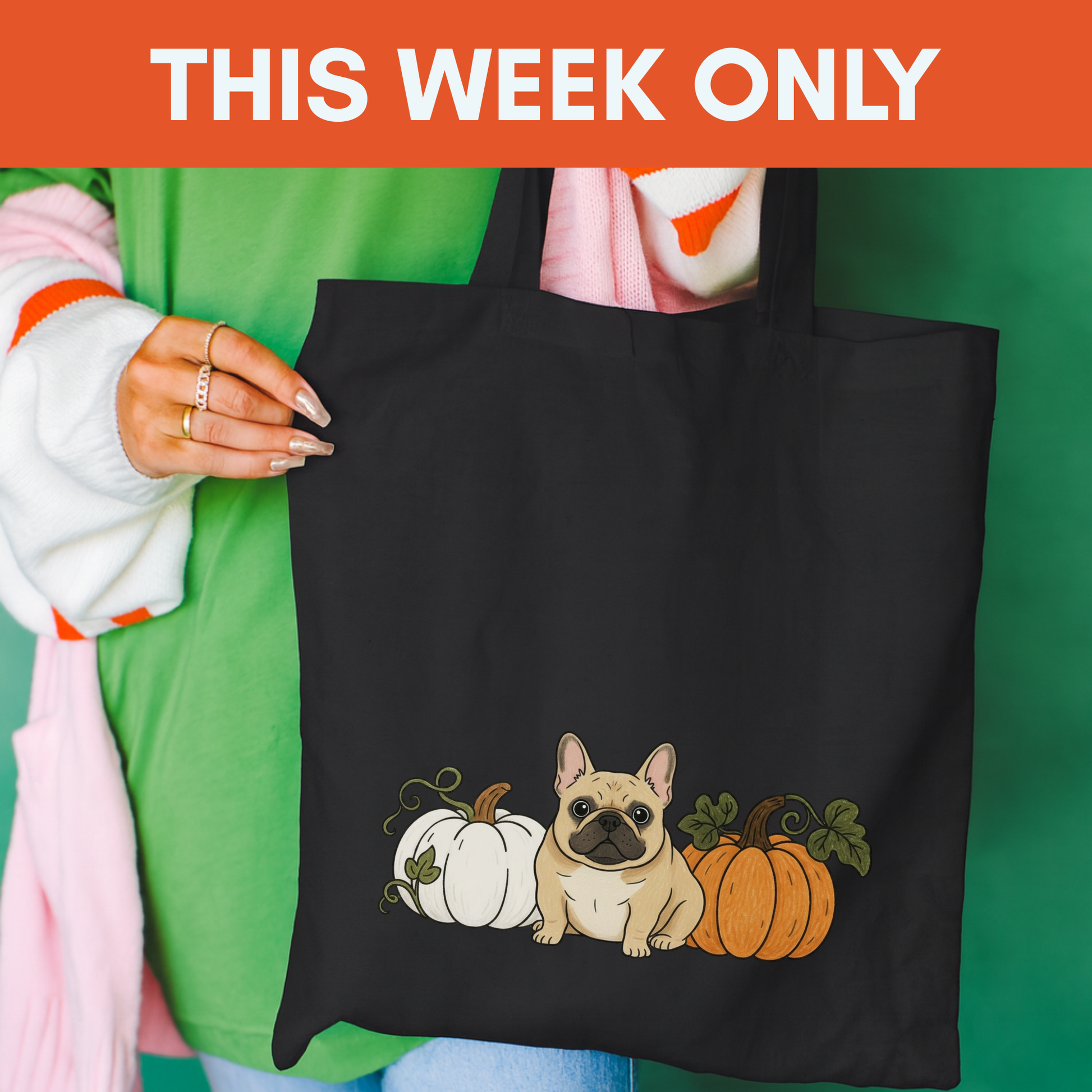 Fawn Frenchie Pupkin Tote Bag Black 15" x 16"