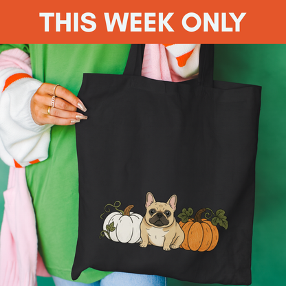 Fawn Frenchie Pupkin Tote Bag Black 15" x 16"