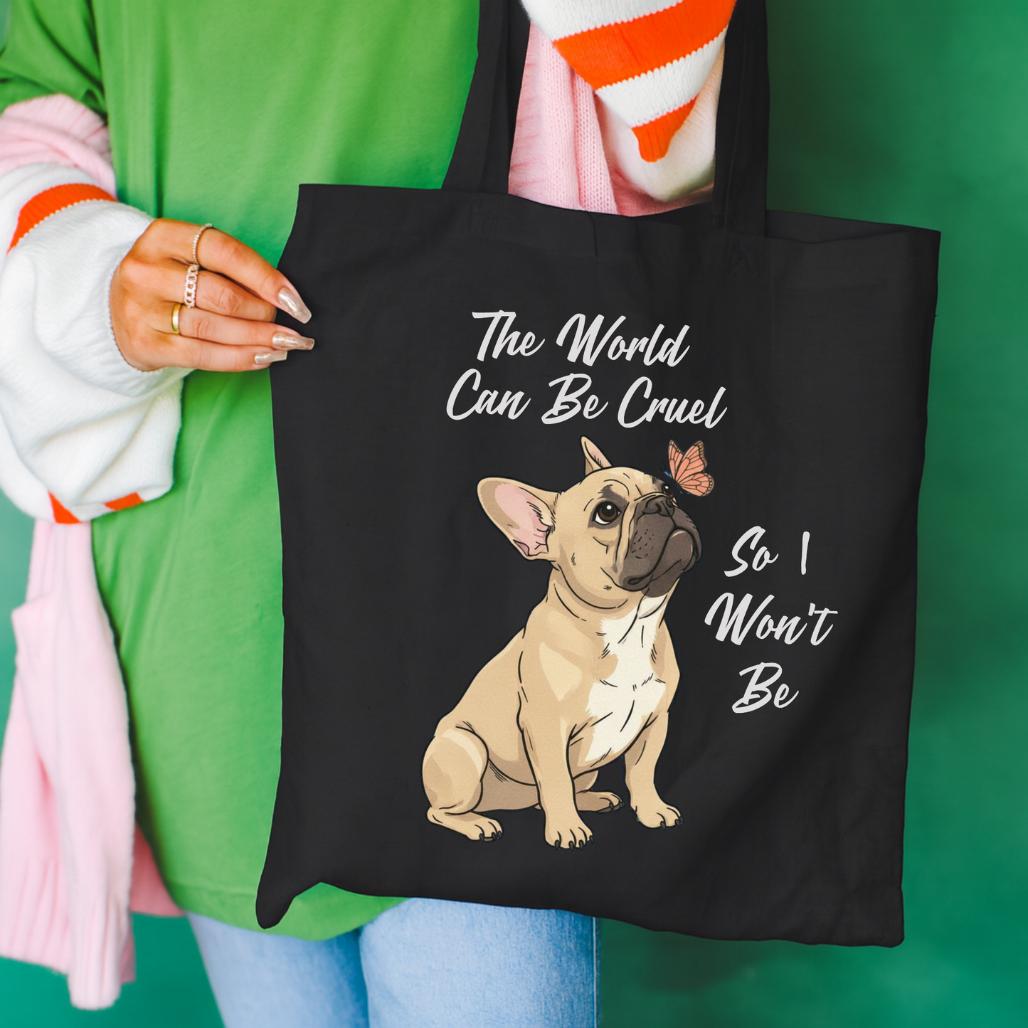 Cruel World Fawn Frenchie Tote Bag Black 15" x 16"