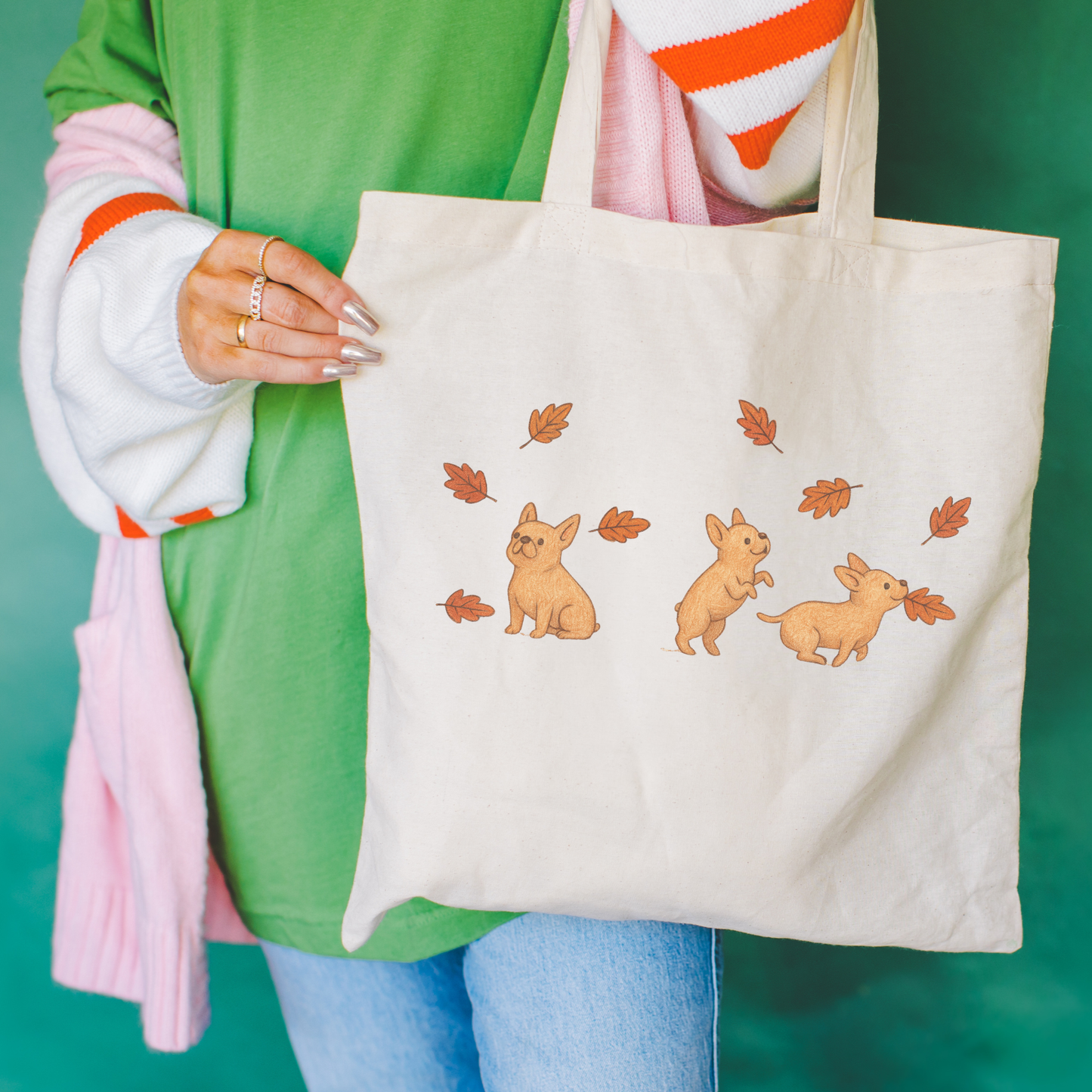 Fawn Frenchie Chasing Leaves Tote Bag Natural 15" x 16"