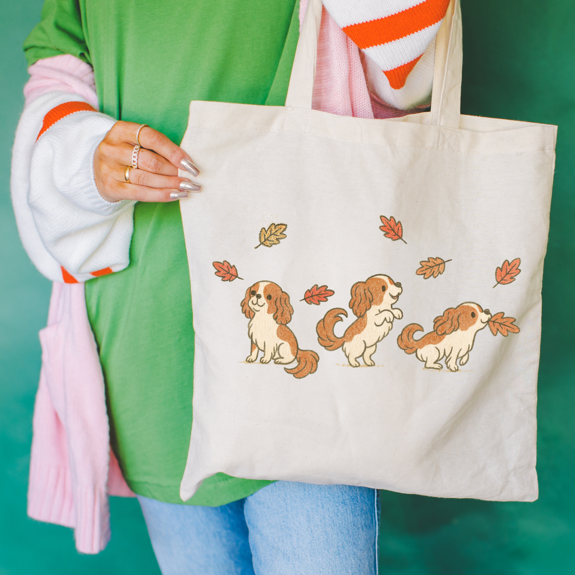 Blenheim Cavalier Chasing Leaves Tote Bag Natural 15" x 16"