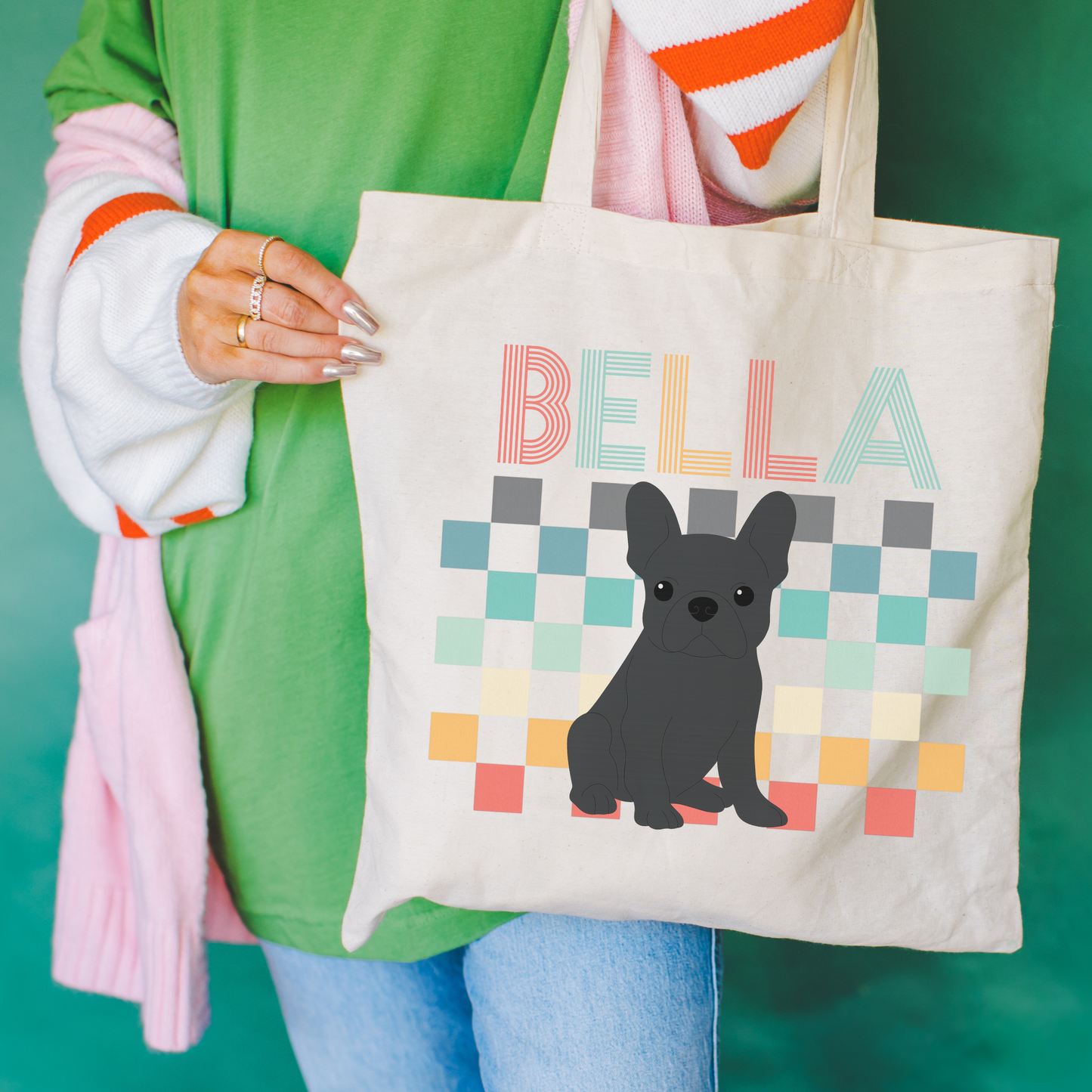 Black Frenchie Checkered Tote Bag Natural 15" x 16"