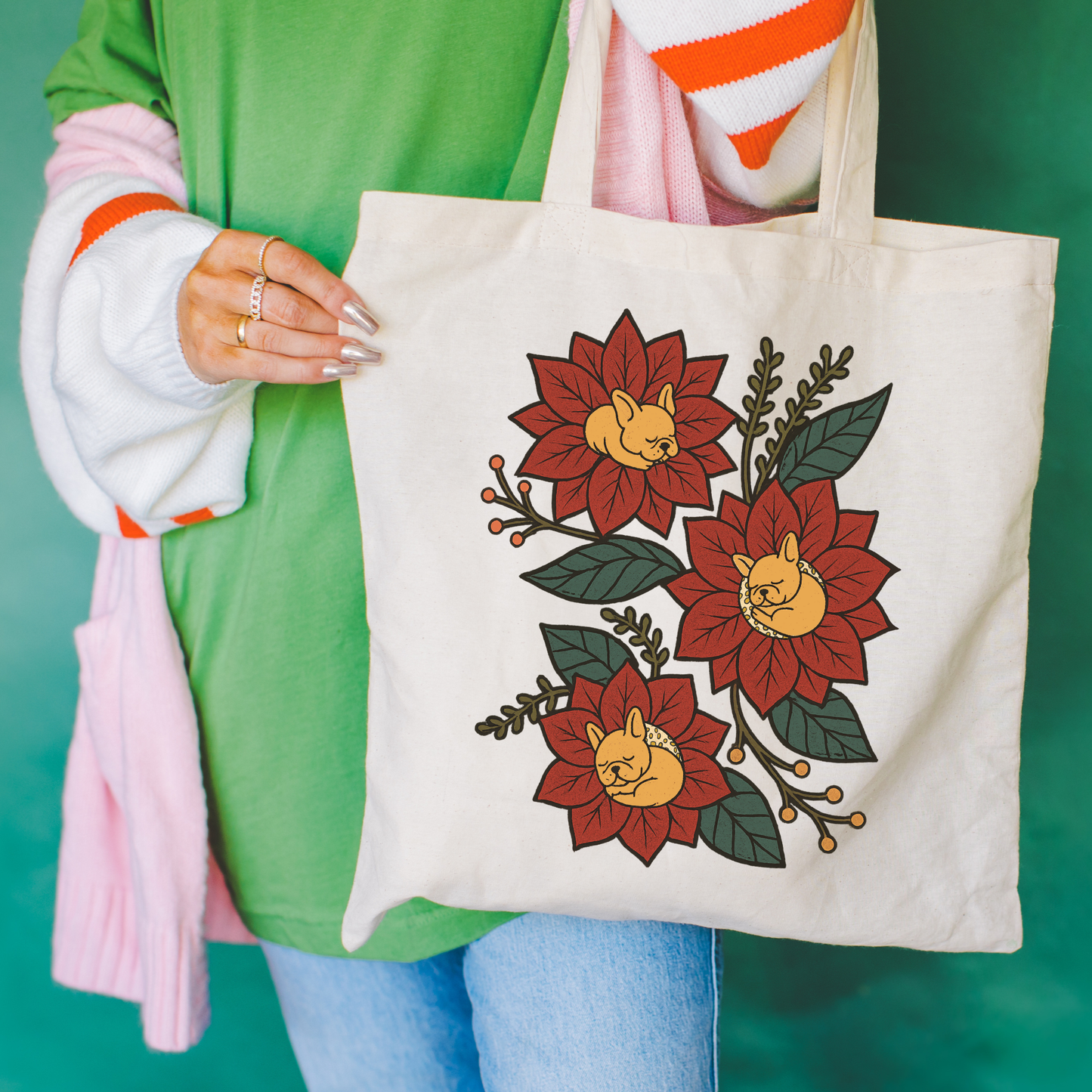 Fawn Frenchie Holiday Flower Sleeping Tote Bag Natural 15" x 16"