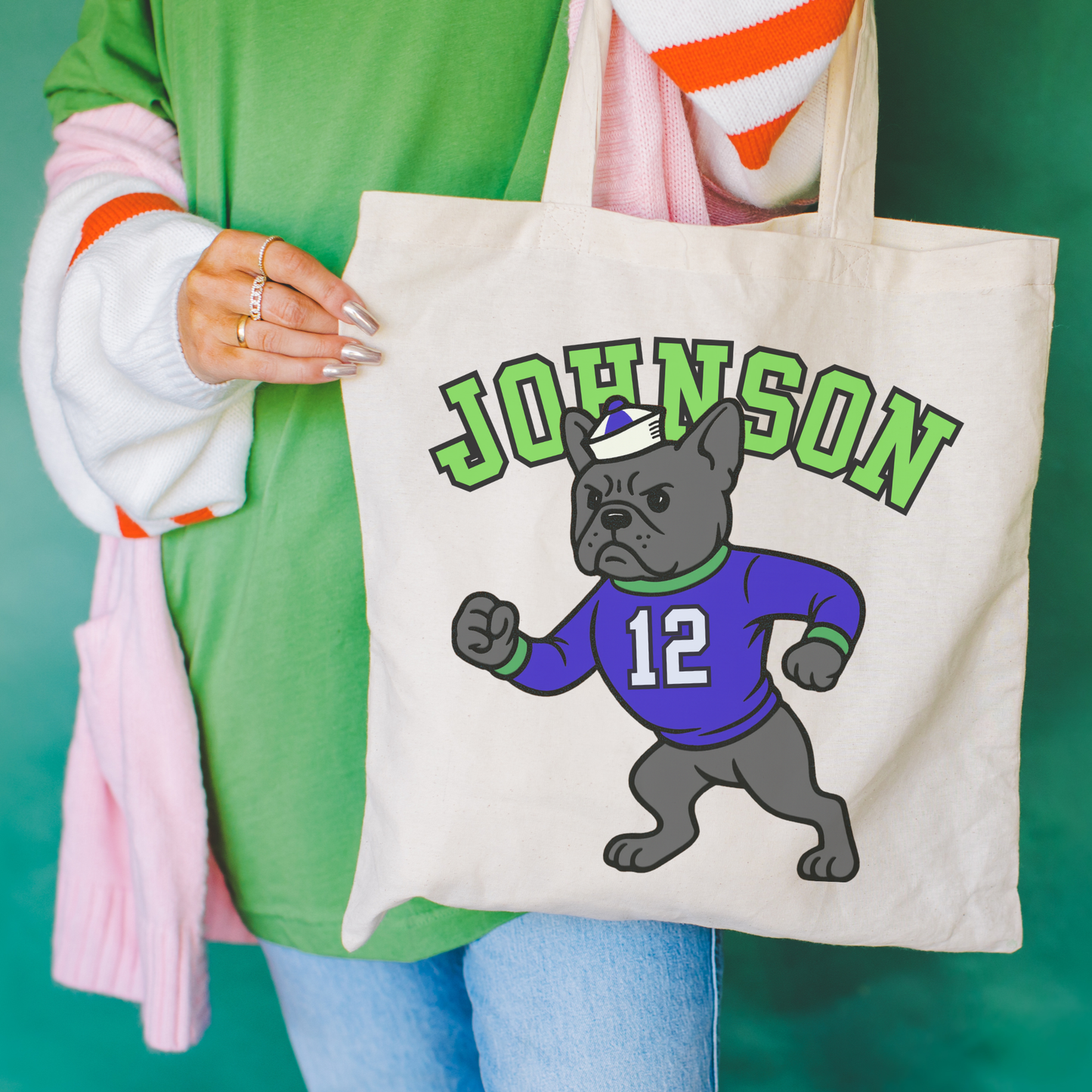 Black Frenchie College Mascot Tote Bag Natural 15" x 16"