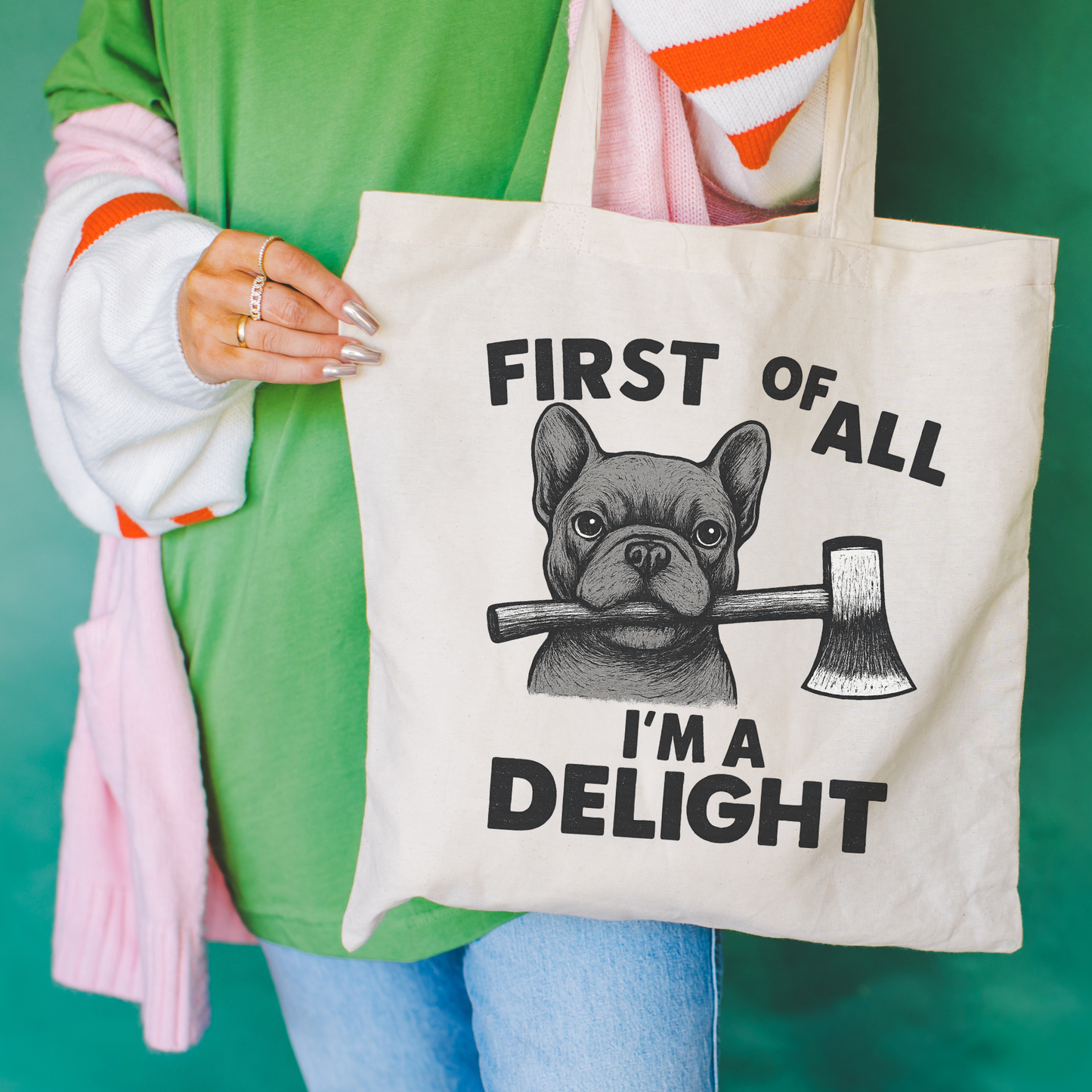 Black Frenchie Delight Tote Bag Natural 15" x 16"