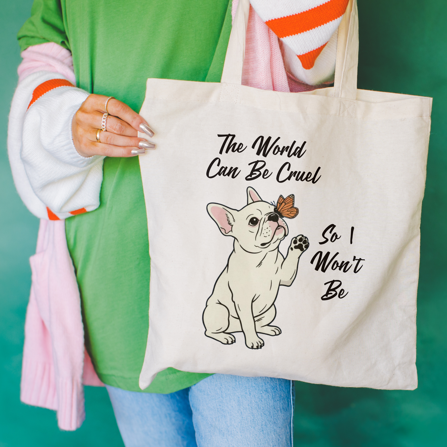 Cruel World White Frenchie Tote Bag Natural 15" x 16"