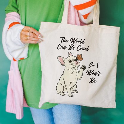 Cruel World White Frenchie Tote Bag Natural 15" x 16"