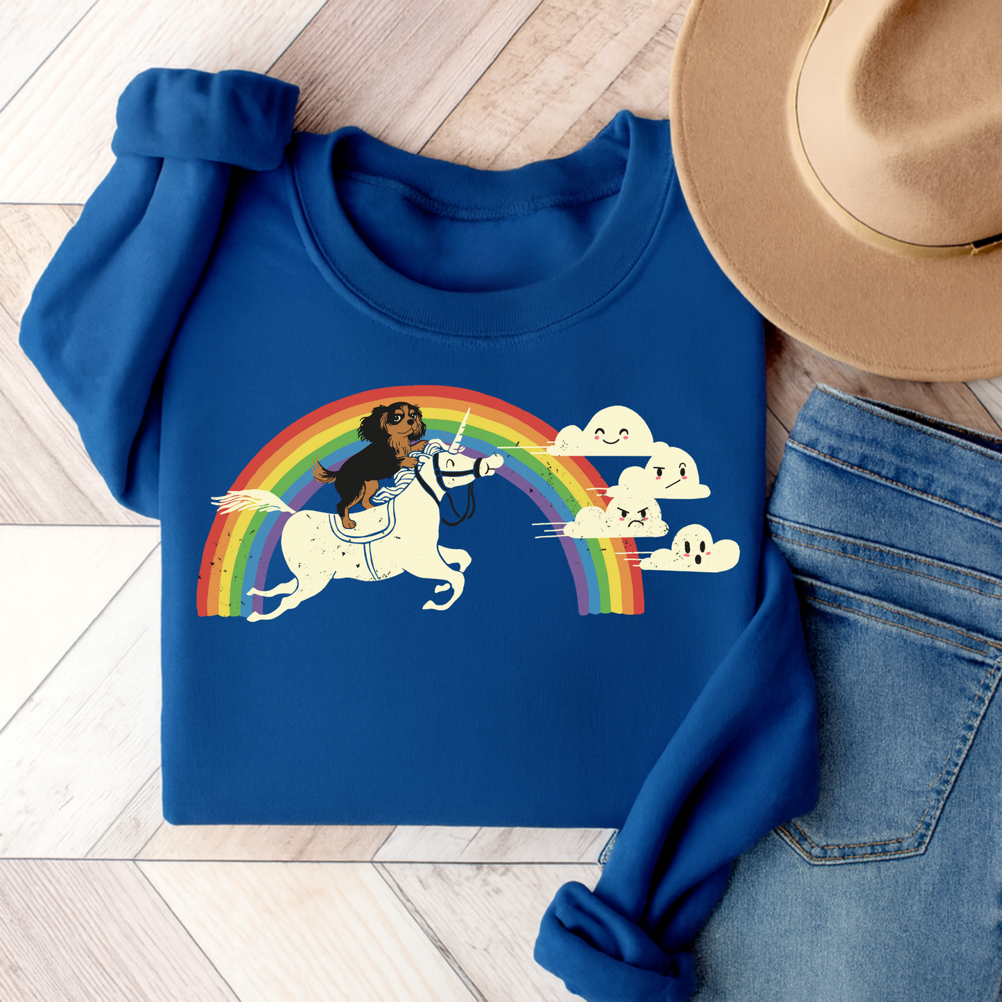 Rainbow and Unicorn Black Tan Cavalier Sweatshirt Royal