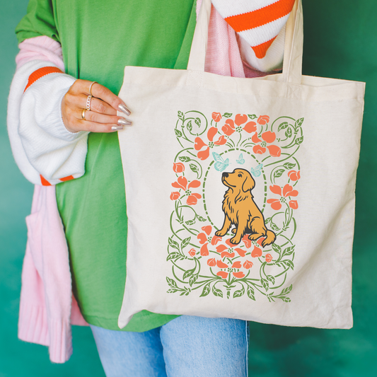 Golden Retriever Butterfly Frame Tote Bag Natural 15" x 16"