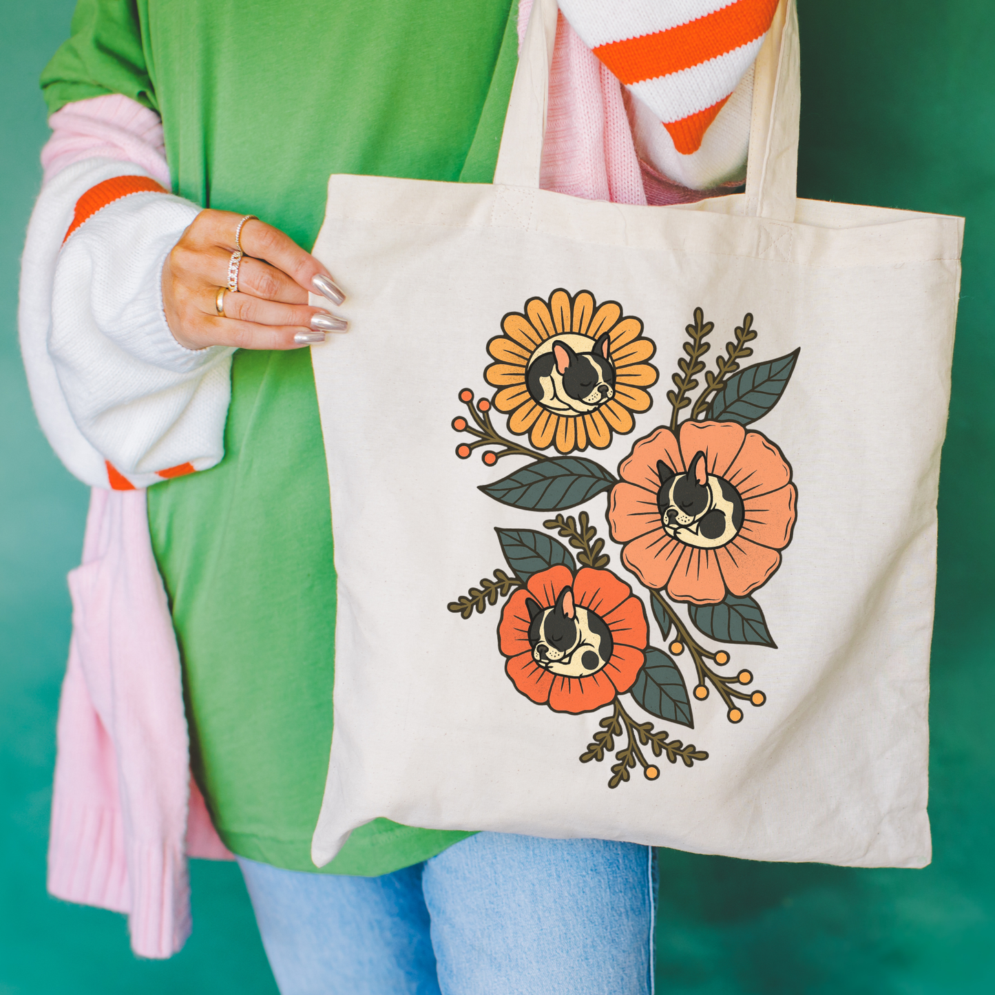 Piebald Frenchie Sleeping Flowers Tote Bag Natural 15" x 16"