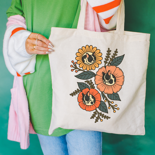 Piebald Frenchie Sleeping Flowers Tote Bag Natural 15" x 16"