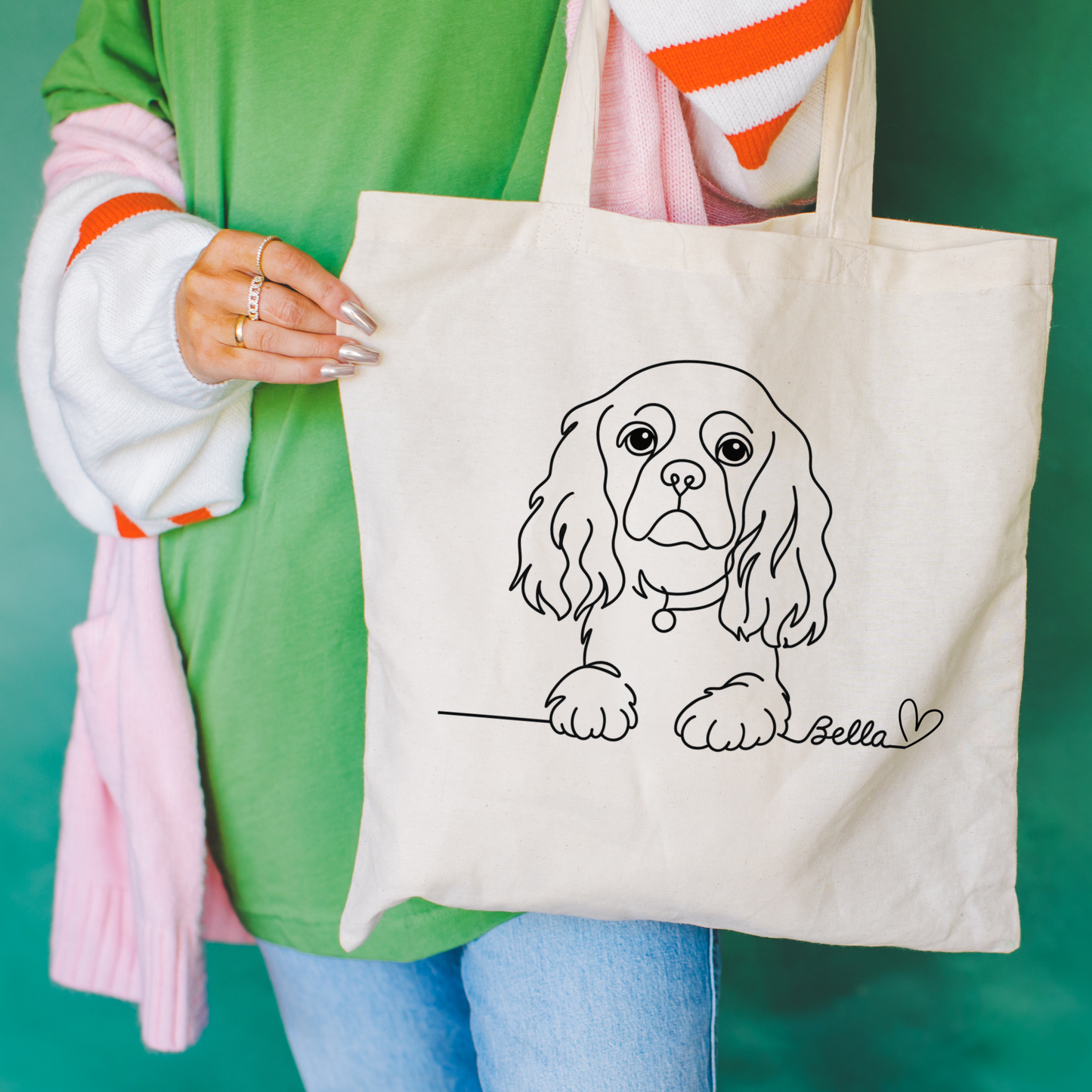 Custom Single Line King Charles Cavalier Tote Bag Natural 15" x 16"