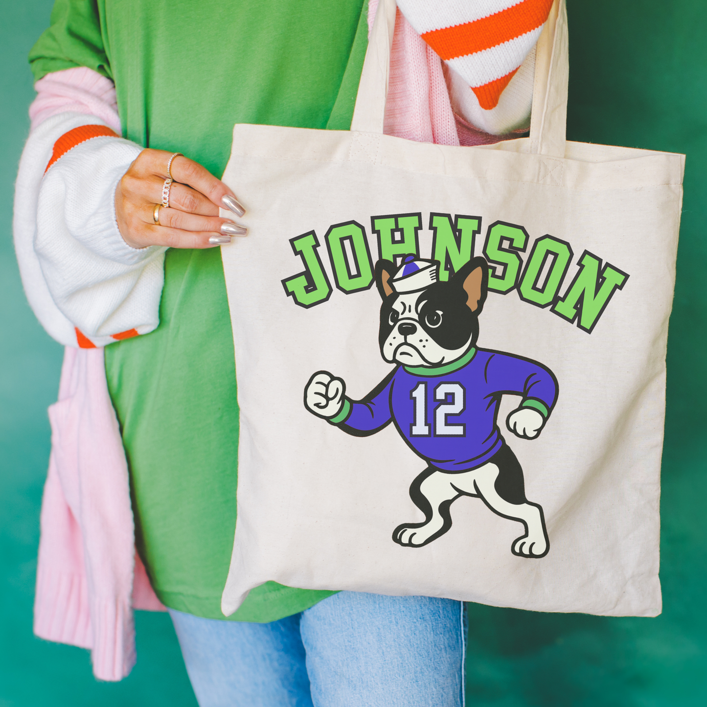 Piebald Frenchie College Mascot Tote Bag Natural 15" x 16"