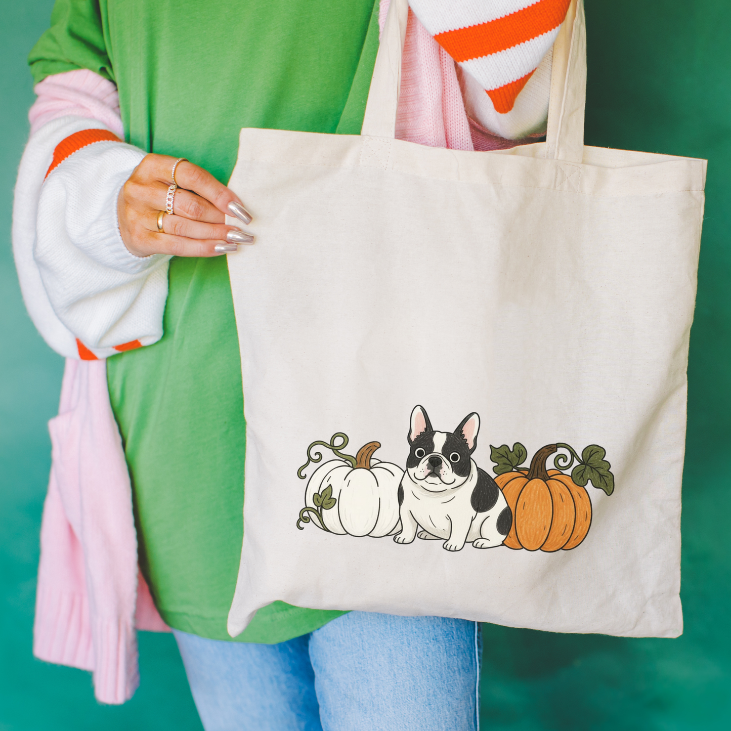 Piebald Frenchie Pupkin Tote Bag Natural 15" x 16"