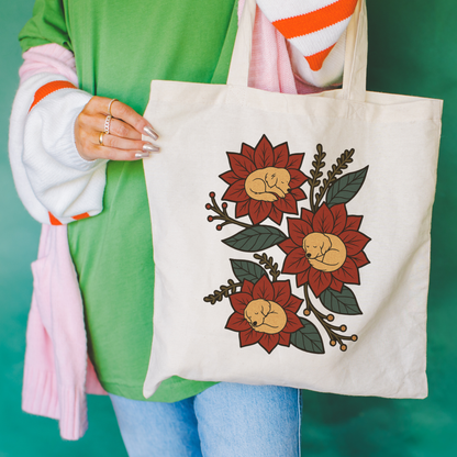 Golden Retriever Holiday Flower Sleeping Tote Bag Natural 15" x 16"