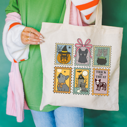Black Frenchie Halloween Stamps Tote Bag Natural 15" x 16"