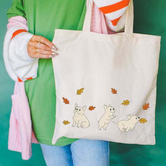 White Frenchie Chasing Leaves Tote Bag Natural 15" x 16"