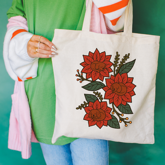 Ruby Cavalier Holiday Flower Sleeping Tote Bag Natural 15" x 16"