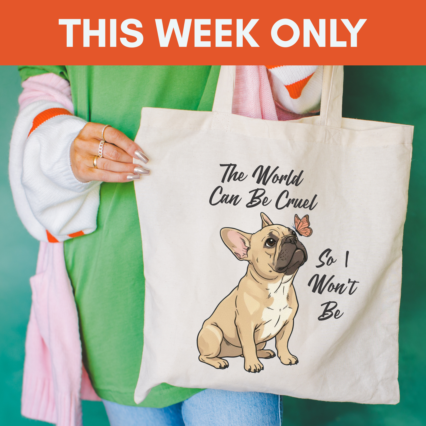 Cruel World Fawn Frenchie Tote Bag Natural 15" x 16"