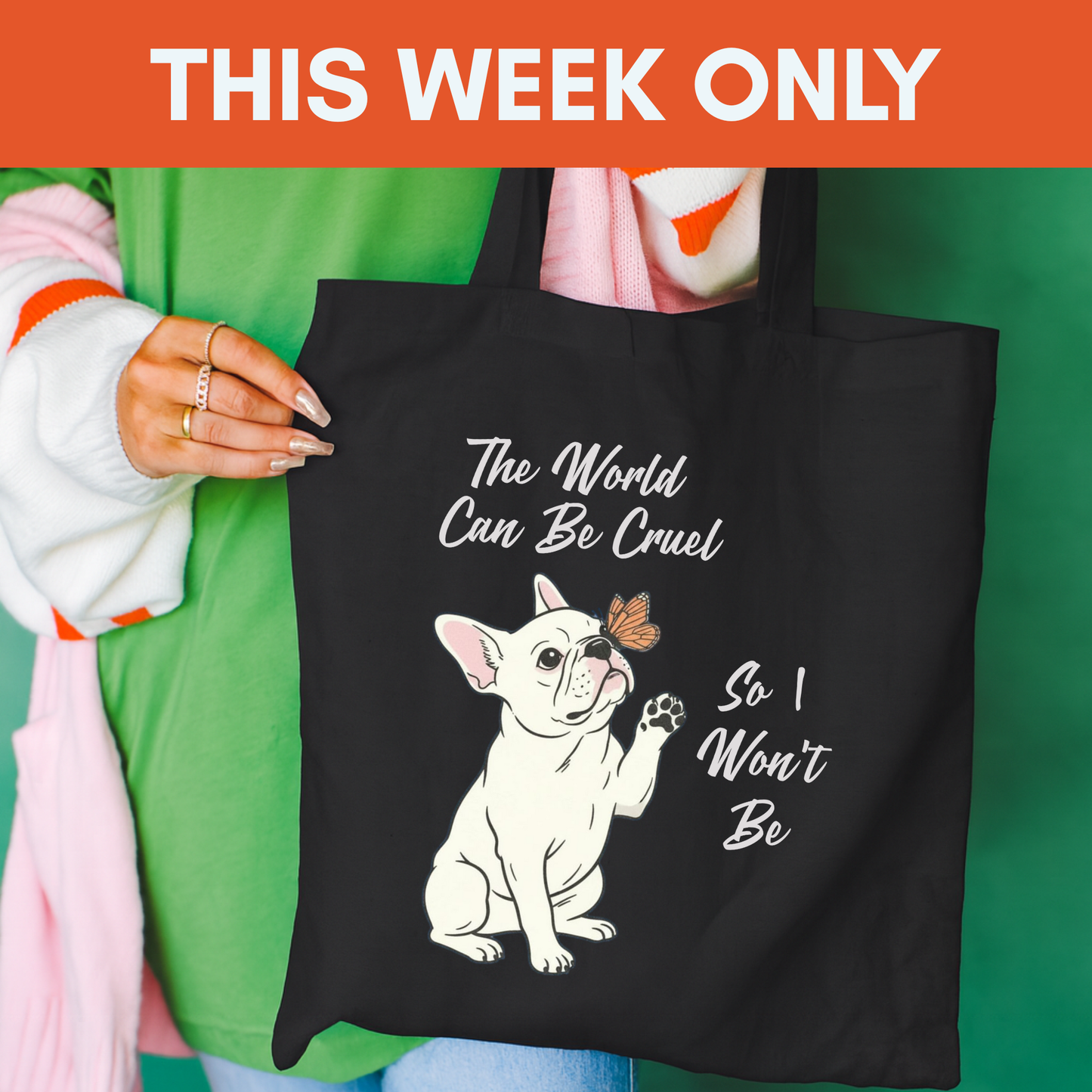 Cruel World White Frenchie Tote Bag Black 15" x 16"