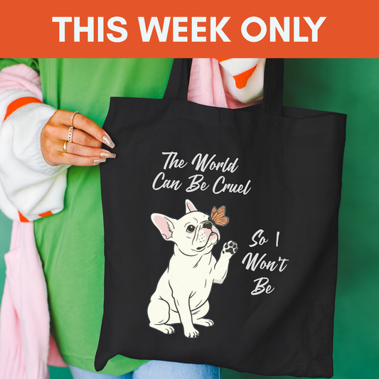 Cruel World White Frenchie Tote Bag Black 15" x 16"