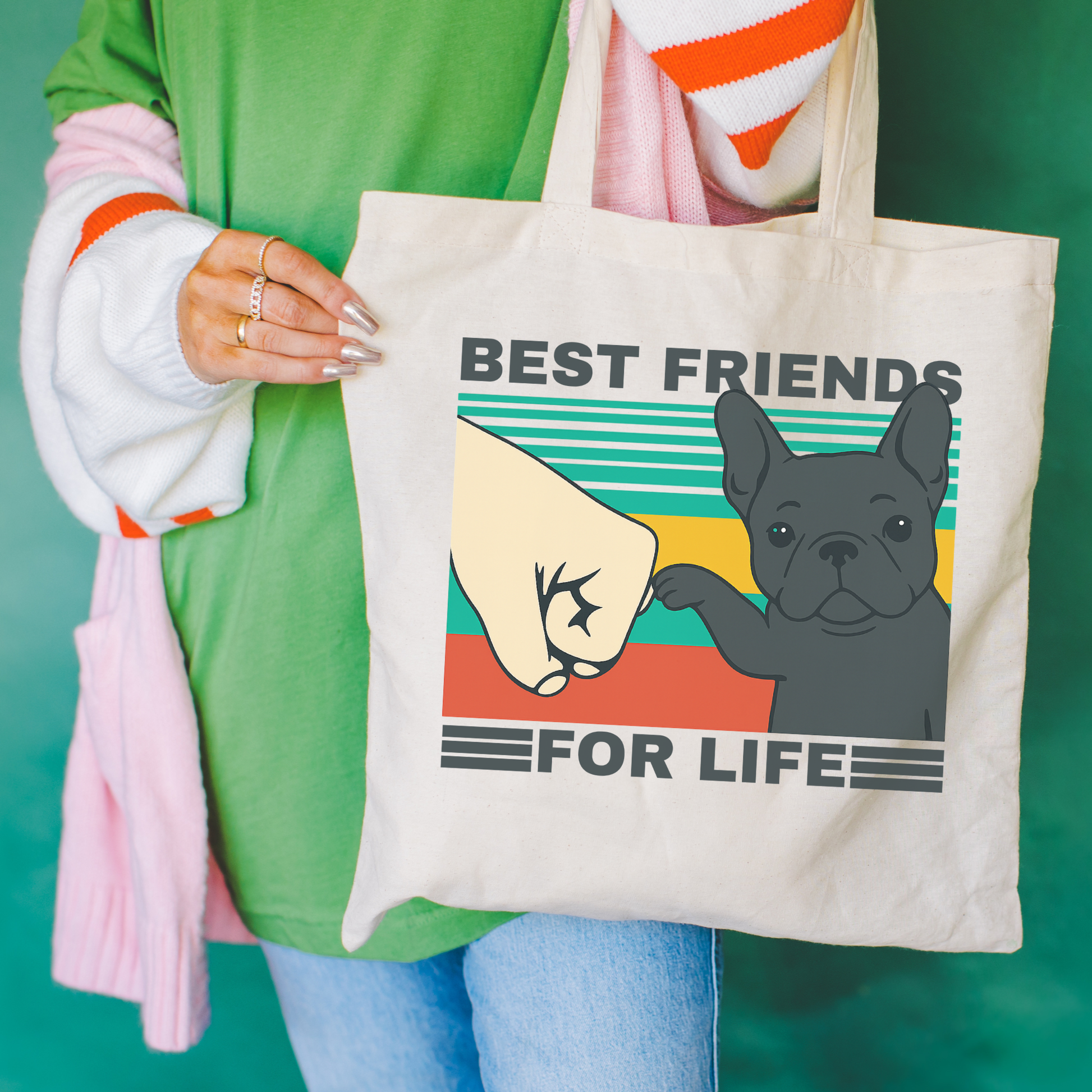 Black Frenchie Besties Tote Bag Natural 15" x 16"