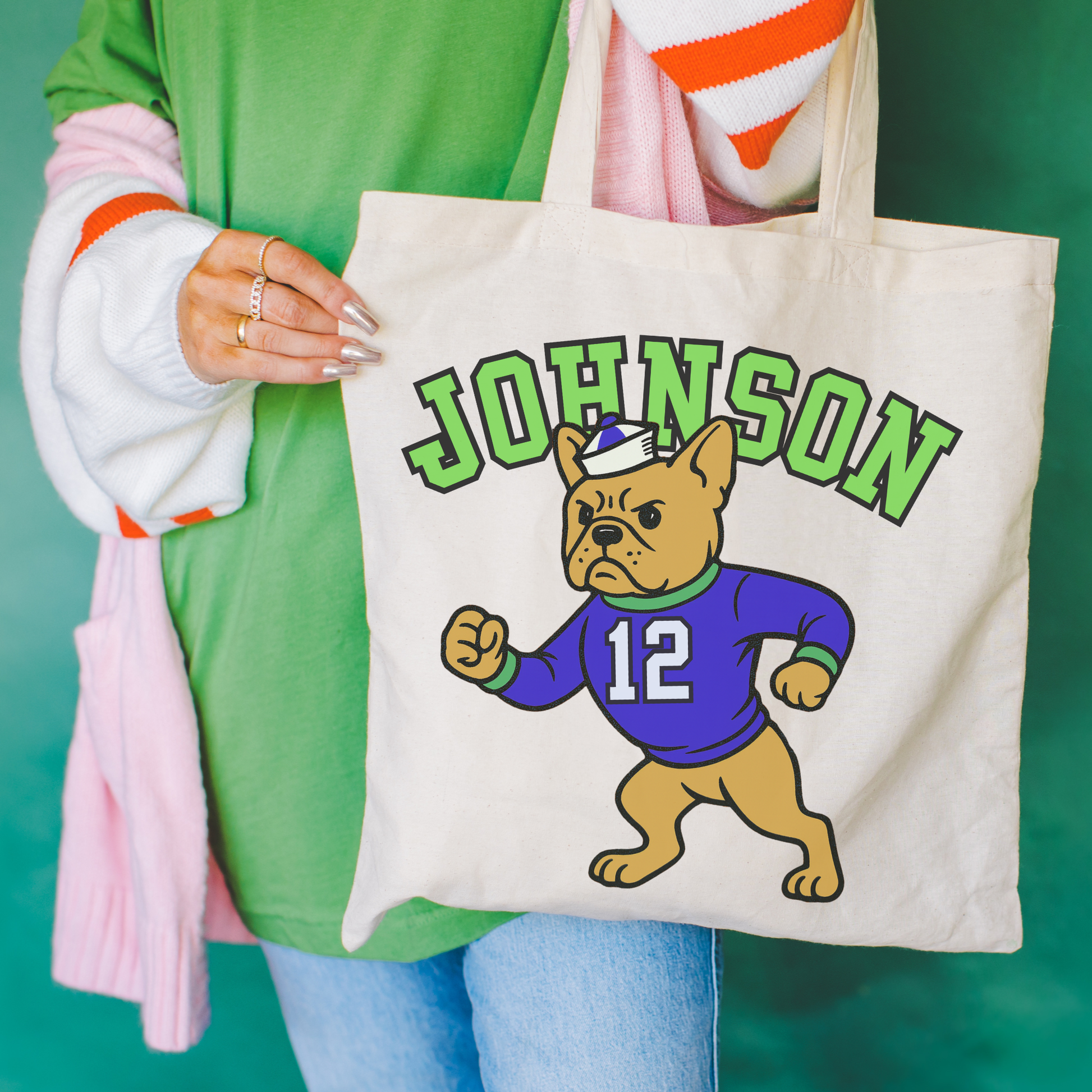 Fawn Frenchie College Mascot Tote Bag Natural 15" x 16"