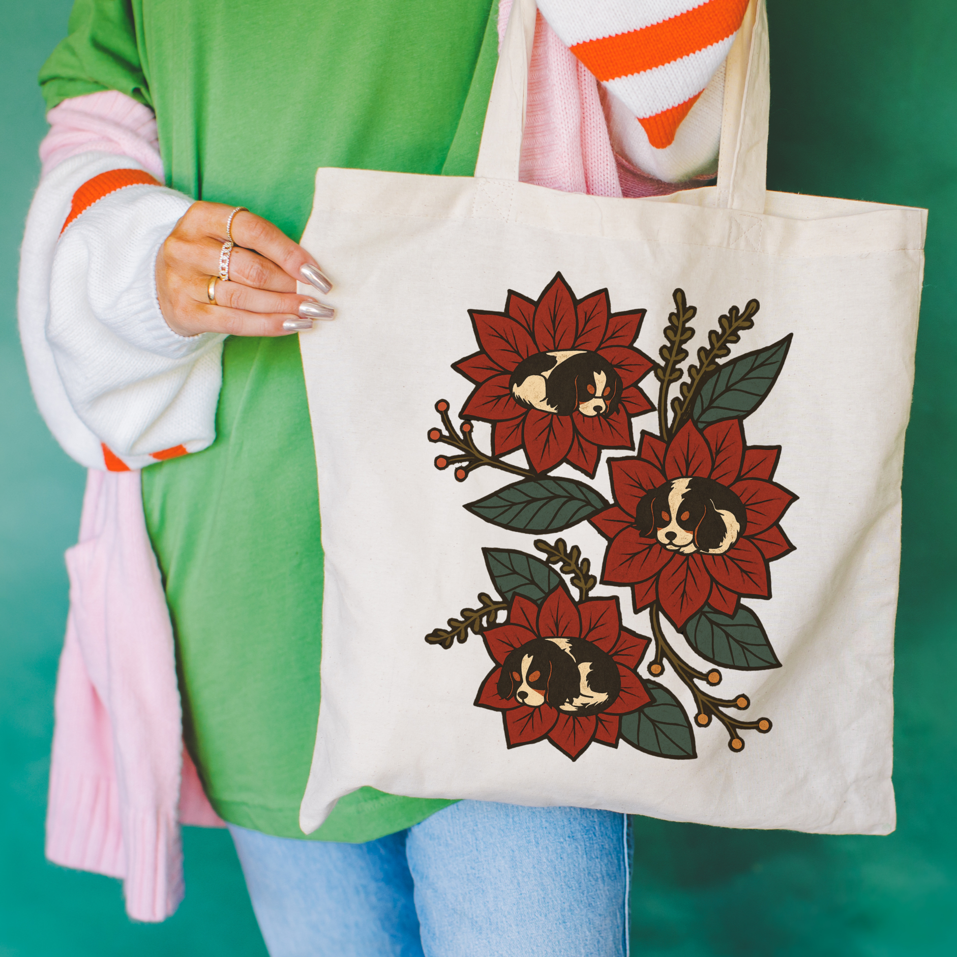 Tricolor Cavalier Holiday Flower Sleeping Tote Bag Natural 15" x 16"