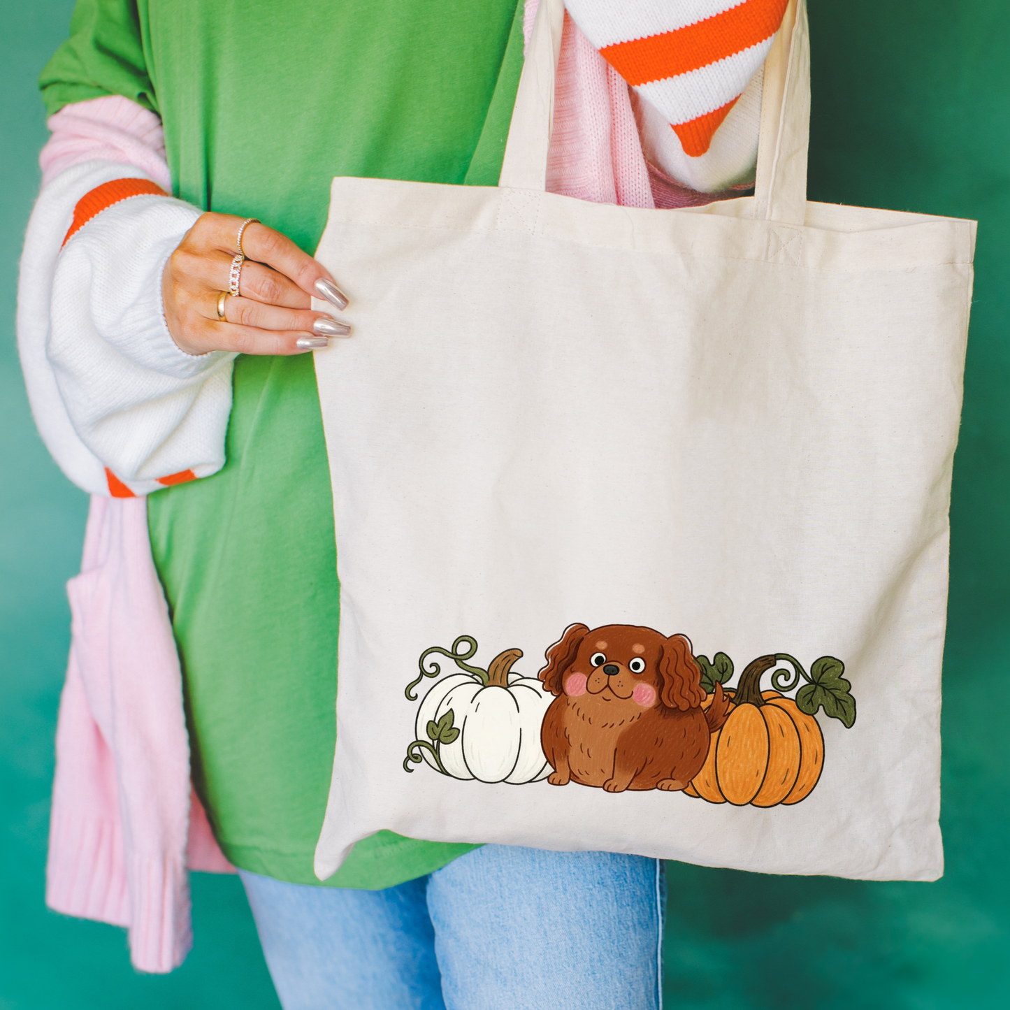 Ruby Cavalier King Charles Pupkin Tote Bag Natural 15" x 16"