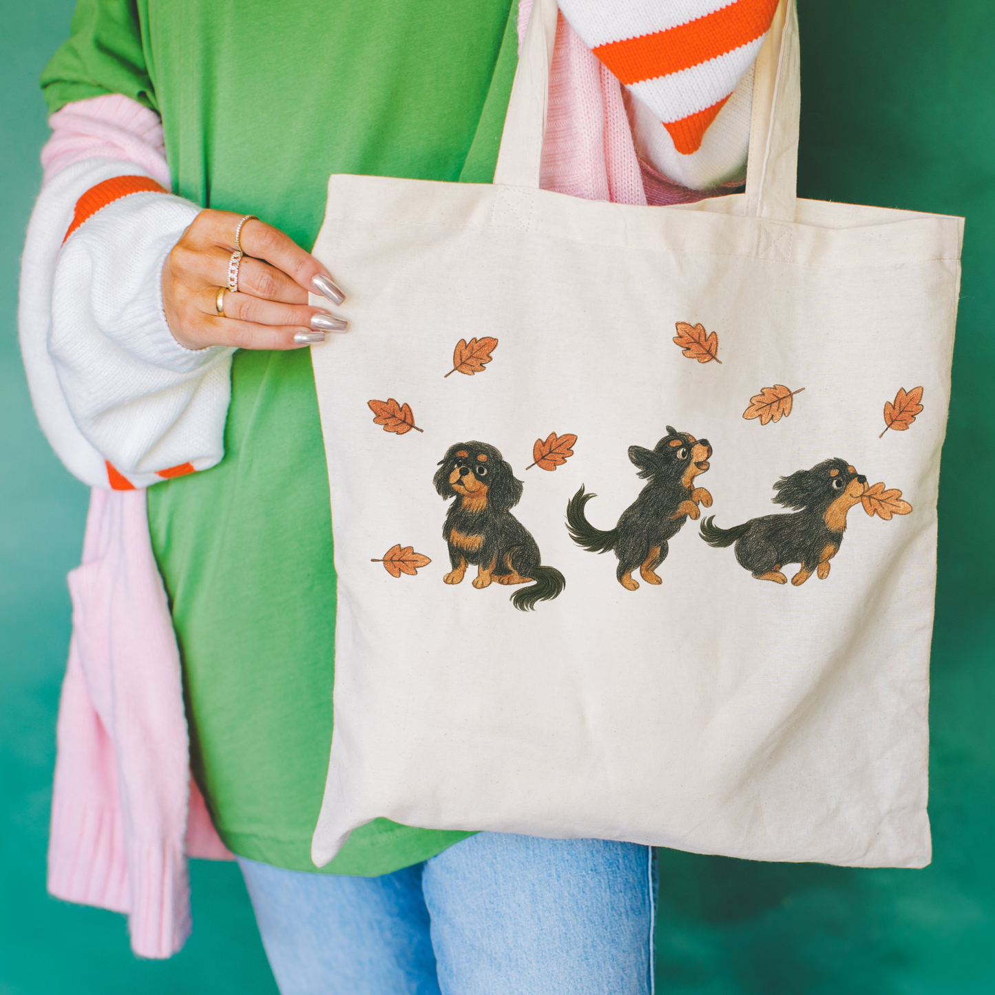 Black Tan Cavalier Chasing Leaves Tote Bag Natural 15" x 16"