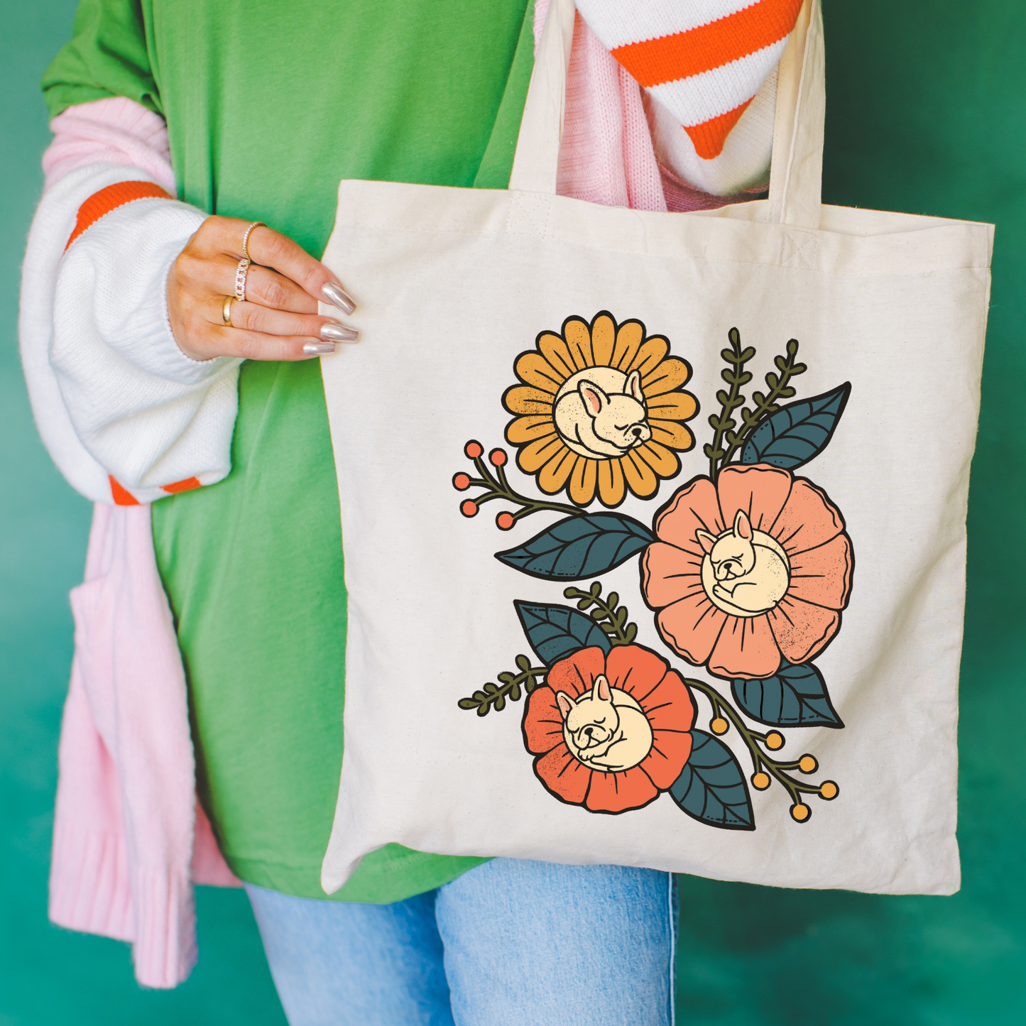 White Frenchie Sleeping Flowers Tote Bag Natural 15" x 16"