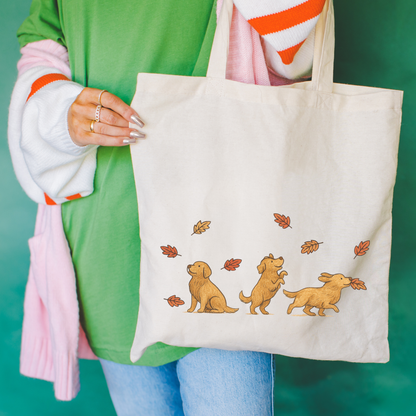 Golden Retriever Chasing Leaves Tote Bag Natural 15" x 16"