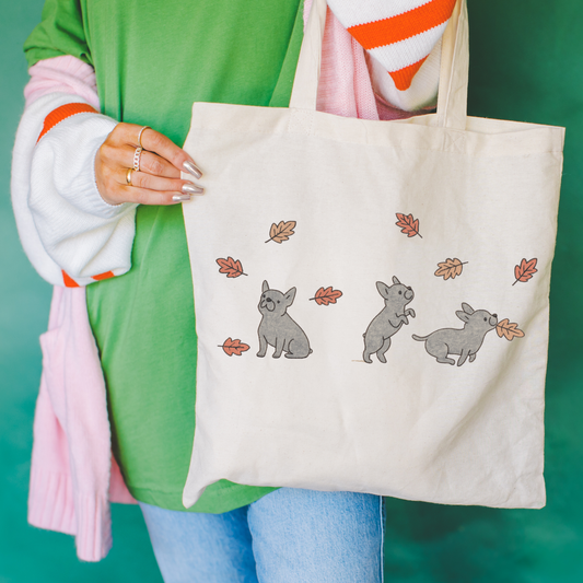 Black French Bulldog Chasing Leaves Tote Bag Natural 15" x 16"