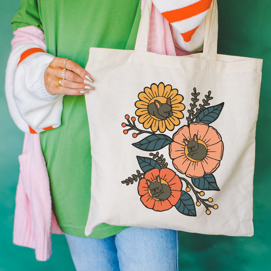 Black French Bulldog Sleeping Flowers Tote Bag Natural 15" x 16"