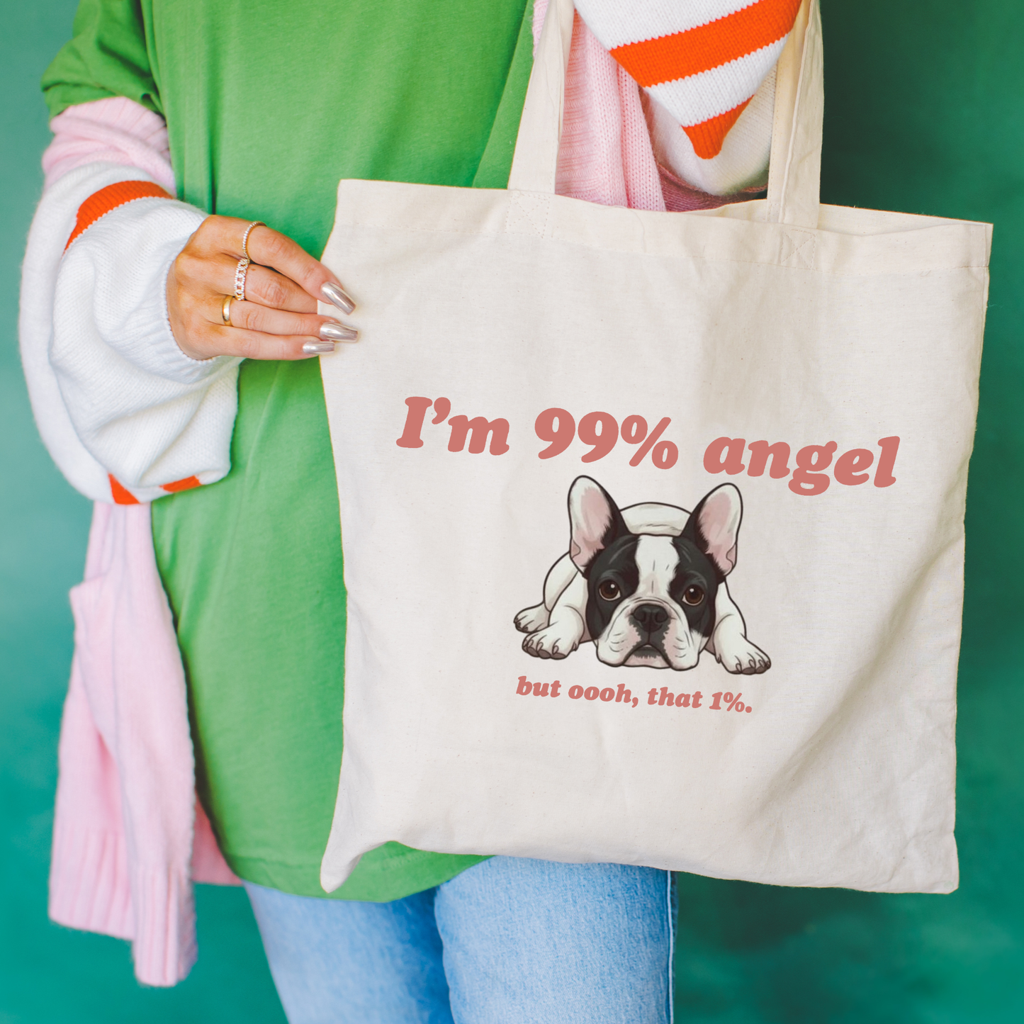 Piebald Frenchie Angel 1% Tote Bag Natural 15" x 16"