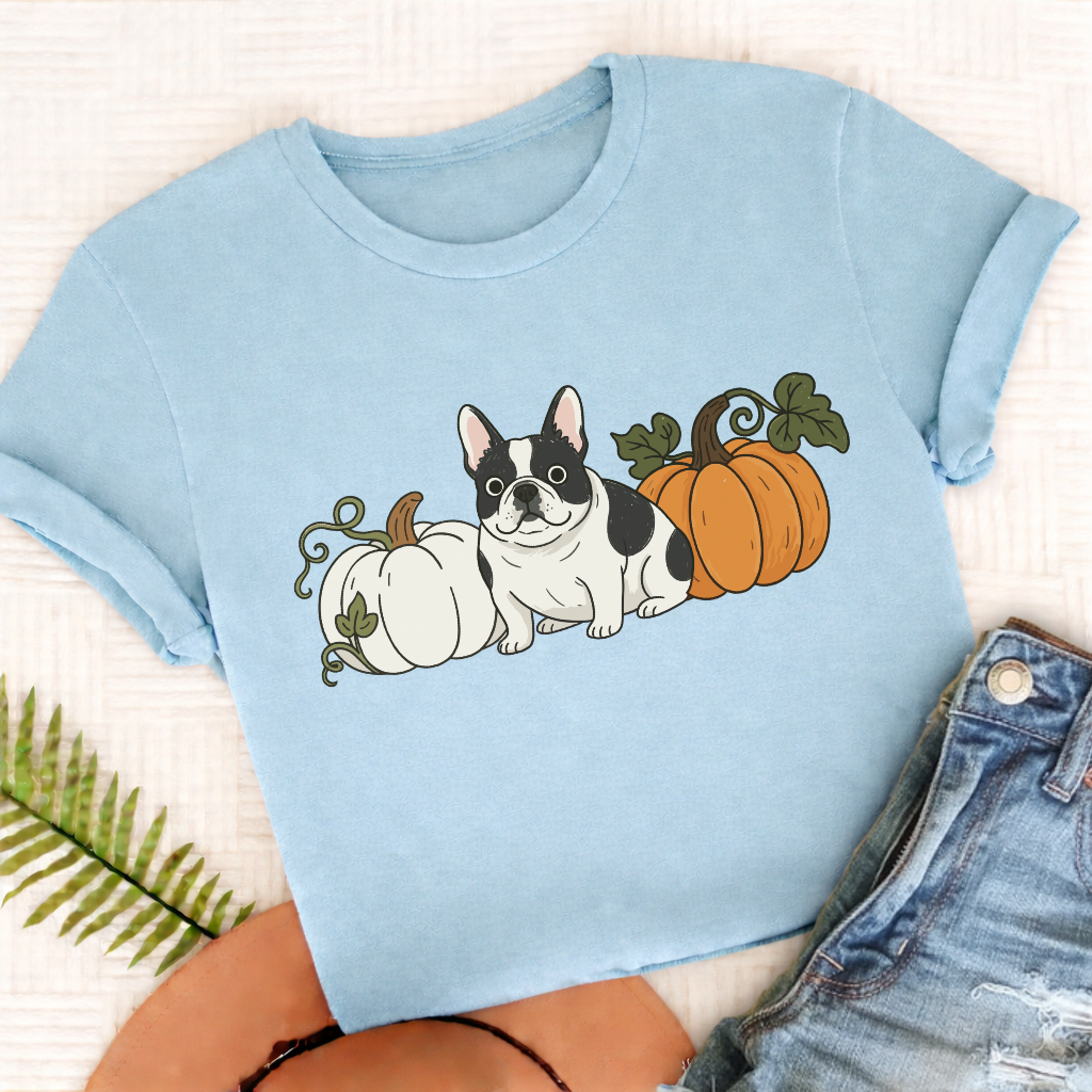 Custom French Bulldog Funny Pumpkin Fall Unisex Tshirt Chambray