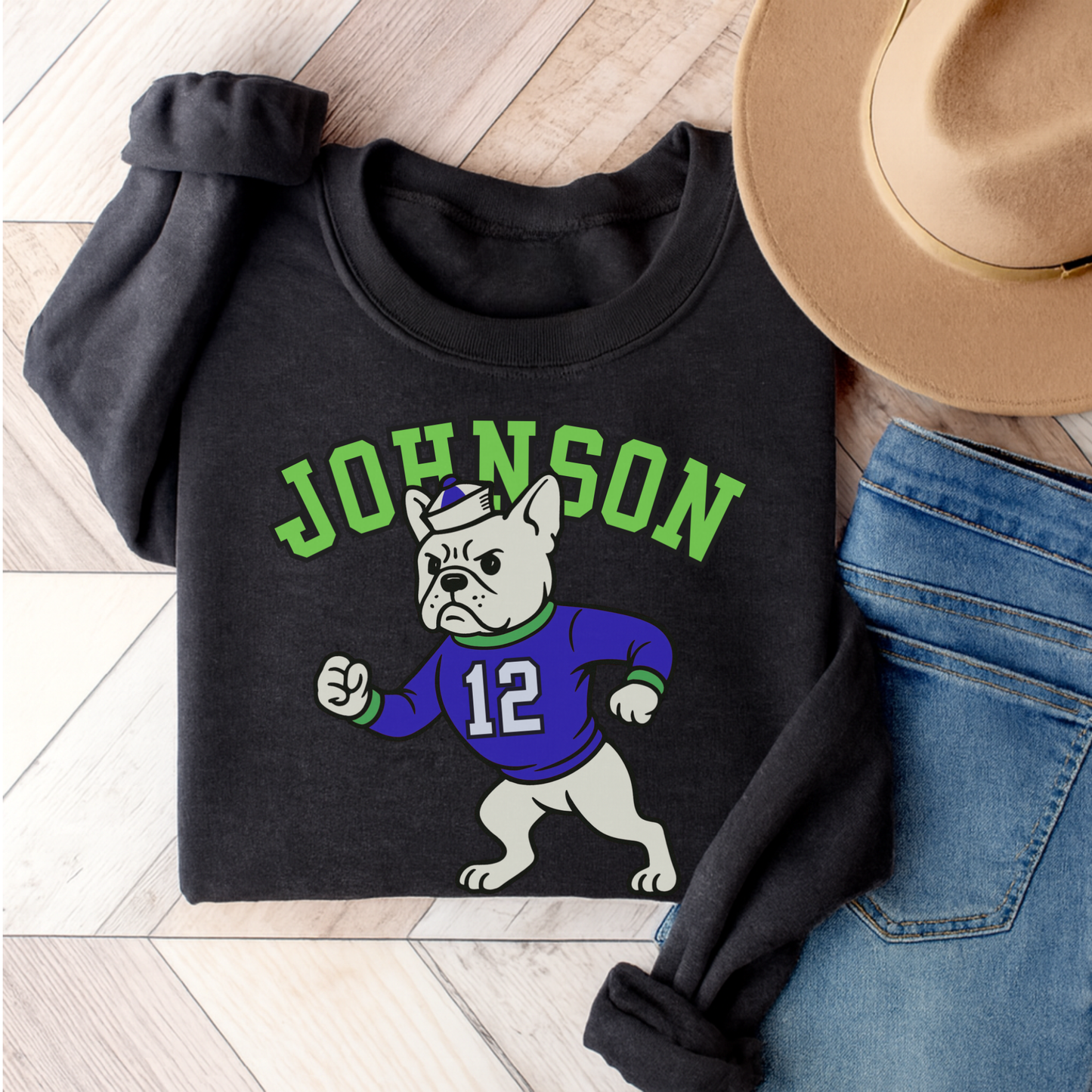 White Frenchie College Mascot Sweatshirt Dark Heather