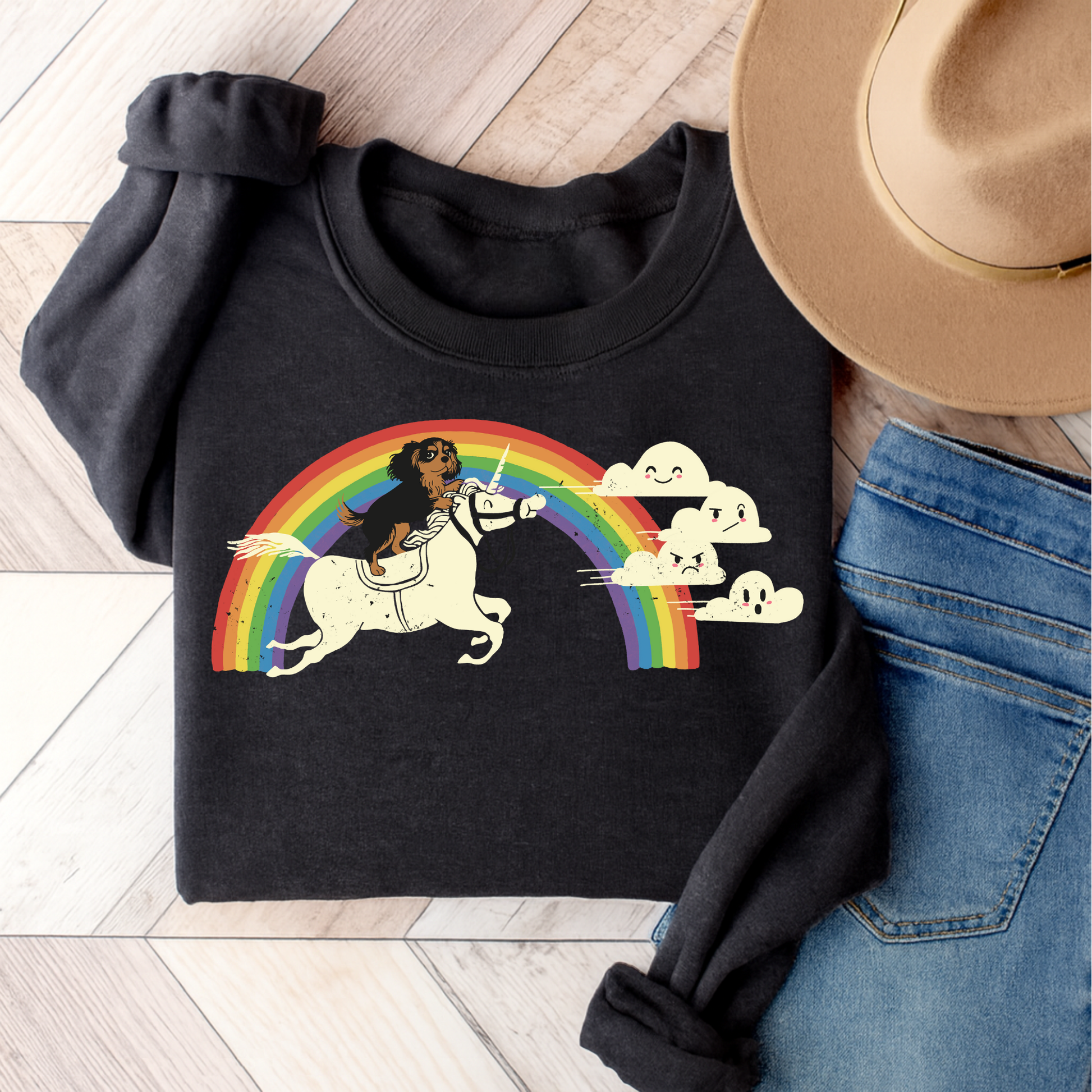 Rainbow and Unicorn Black Tan Cavalier Sweatshirt Dark Heather