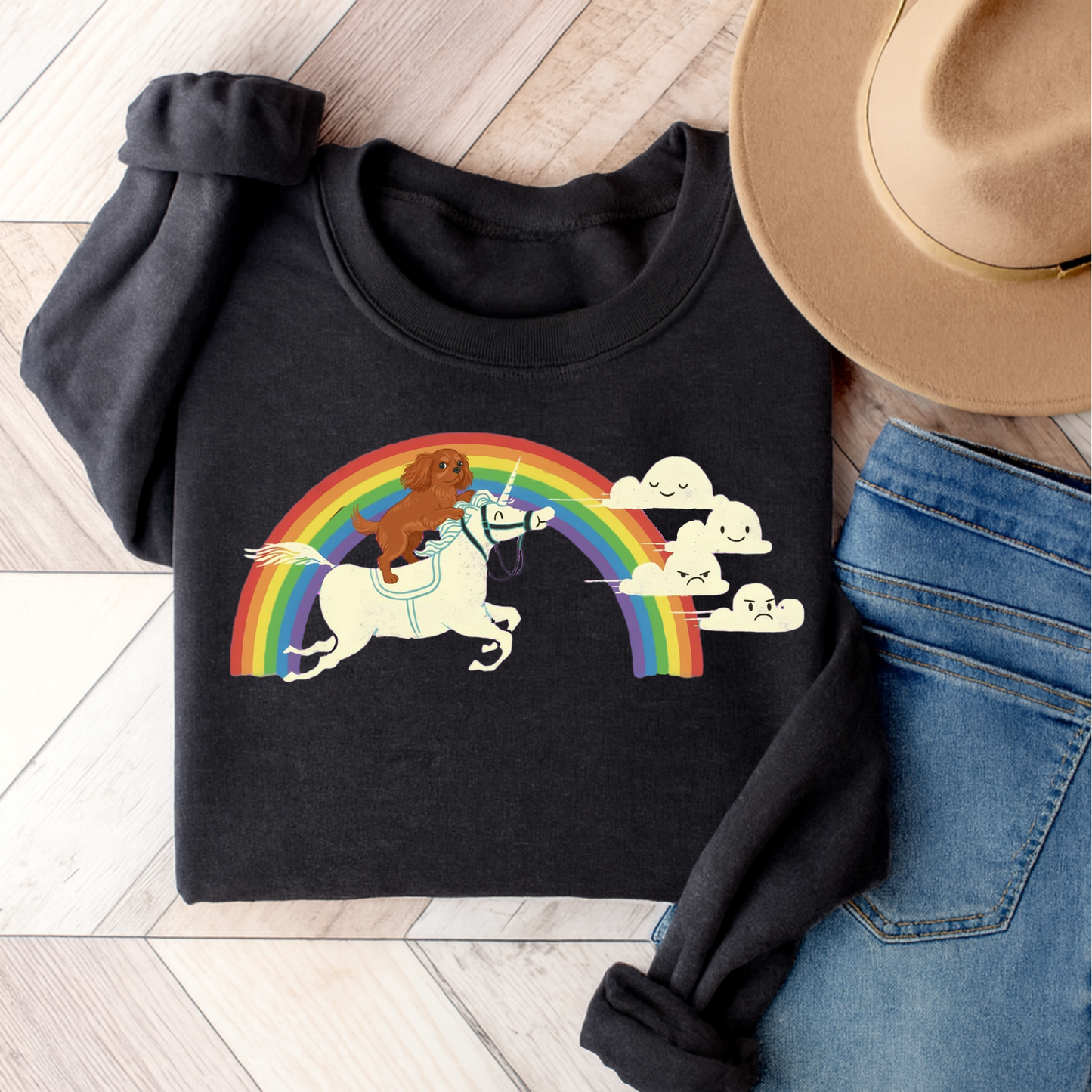 Rainbow and Unicorn Ruby Cavalier Sweatshirt Dark Heather
