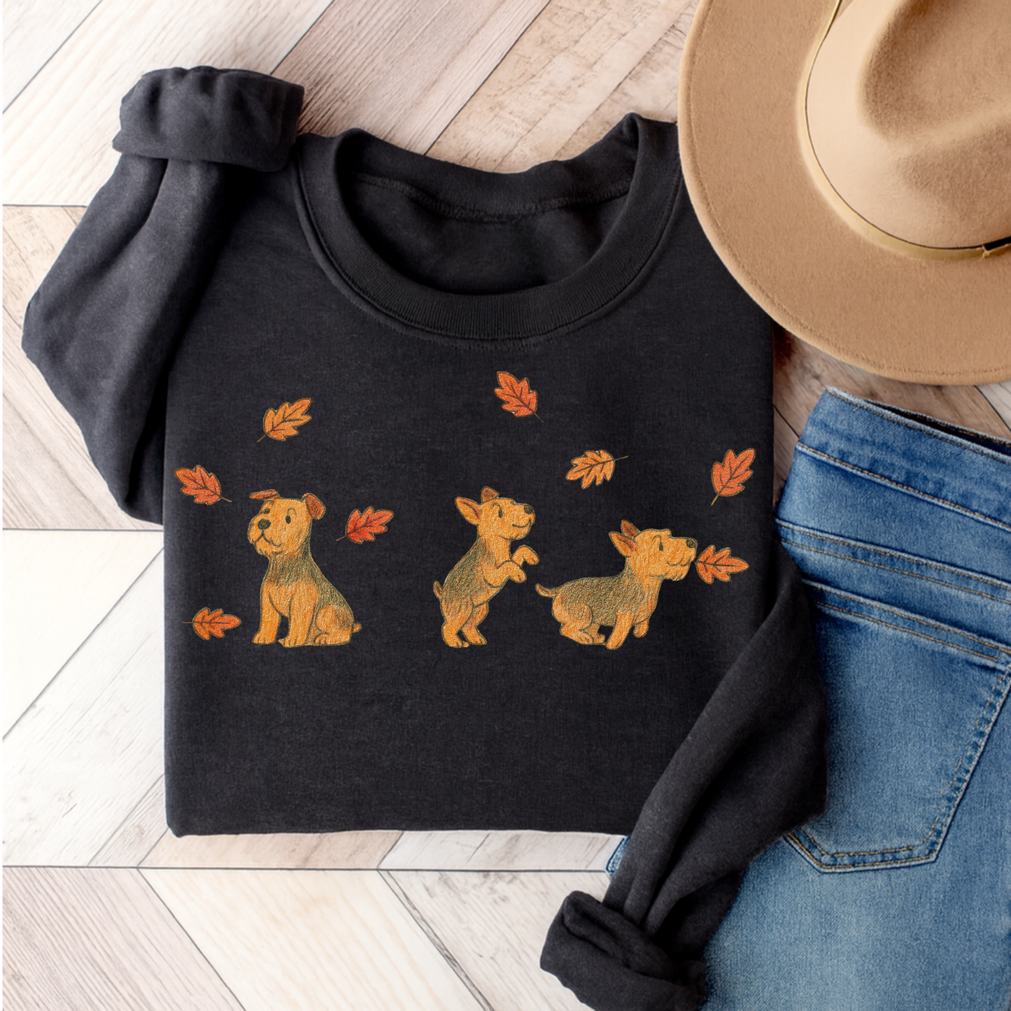 Airedale Terrier Chasing Leaves Sweatshirt Dark Heather
