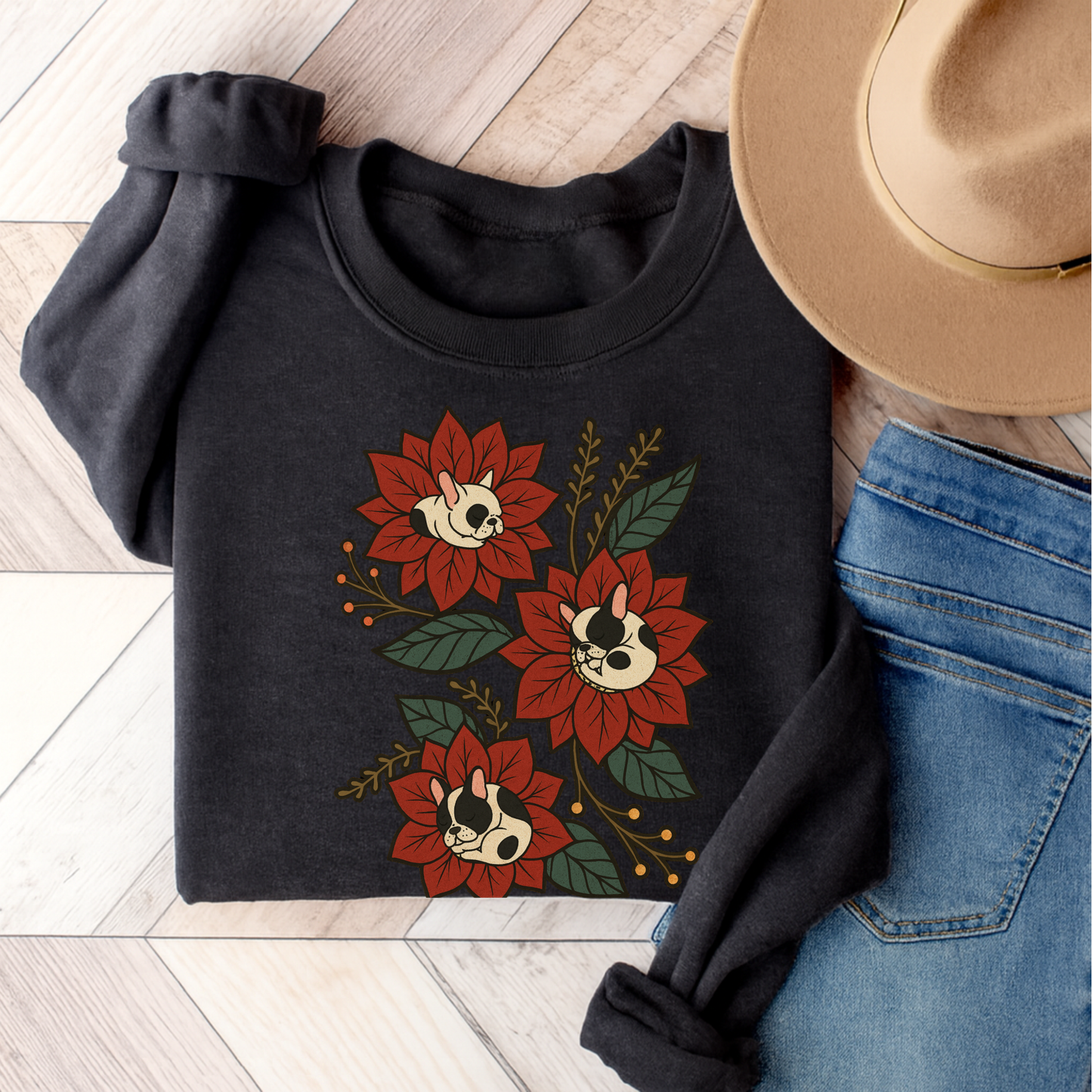 Piebald Frenchie Christmas Flower Sweatshirt Dark Heather