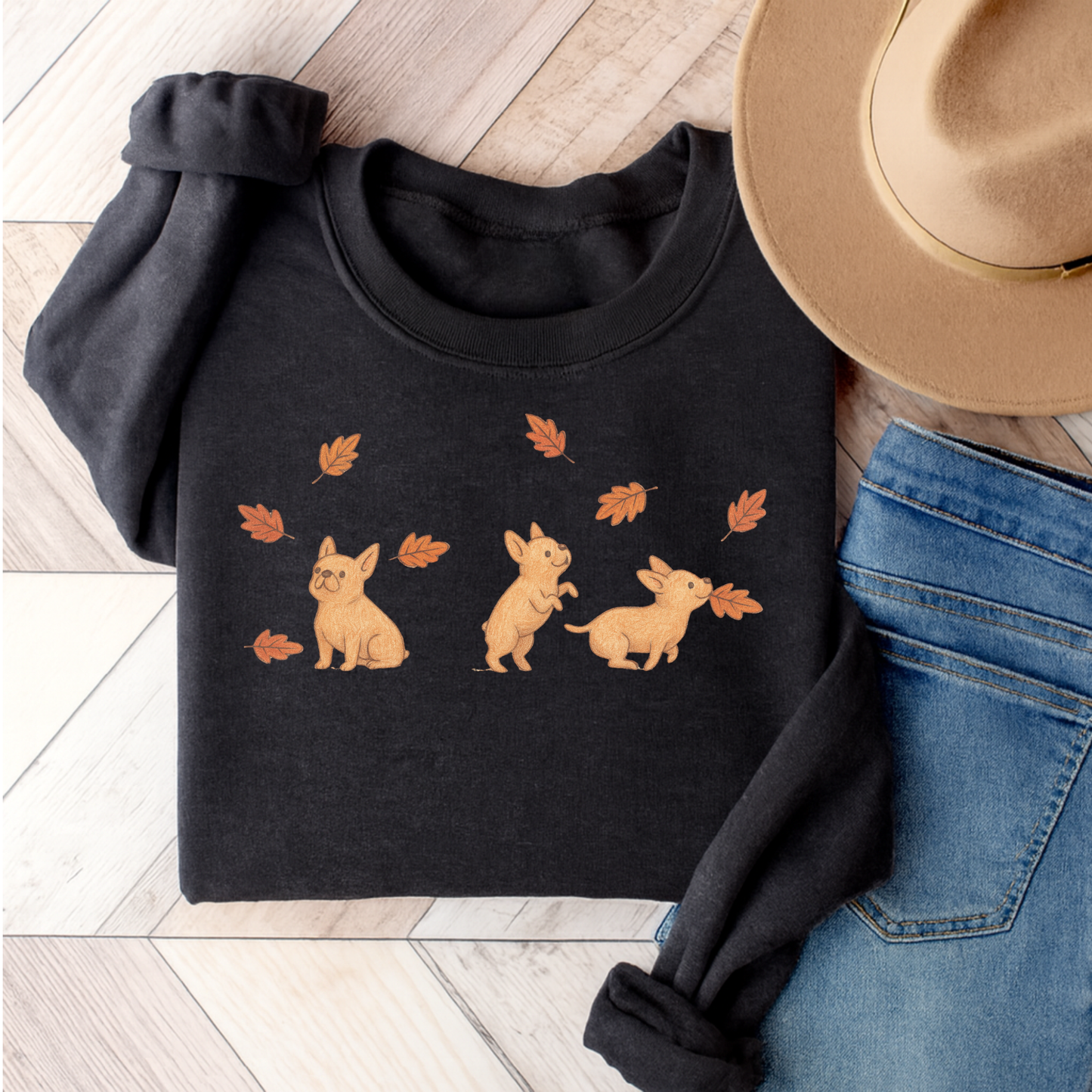 Fawn Frenchie Chasing Leaves Sweatshirt Dark Heather