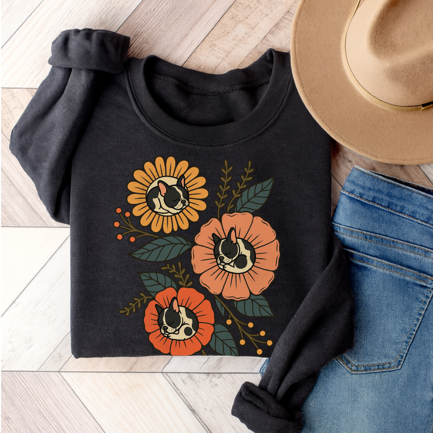 Piebald Frenchie Sleeping Flowers Sweatshirt Dark Heather