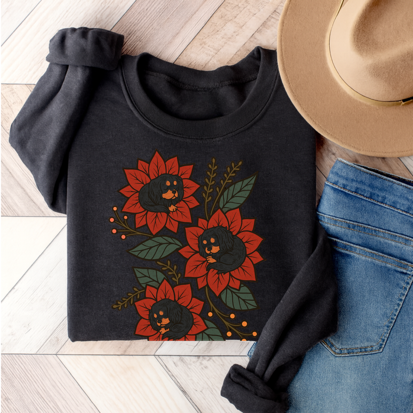 Black Tan Cavalier Christmas Flower Sweatshirt Dark Heather