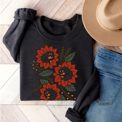 Black Tan Cavalier Christmas Flower Sweatshirt Dark Heather