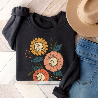 White Frenchie Sleeping Flowers Sweatshirt Dark Heather