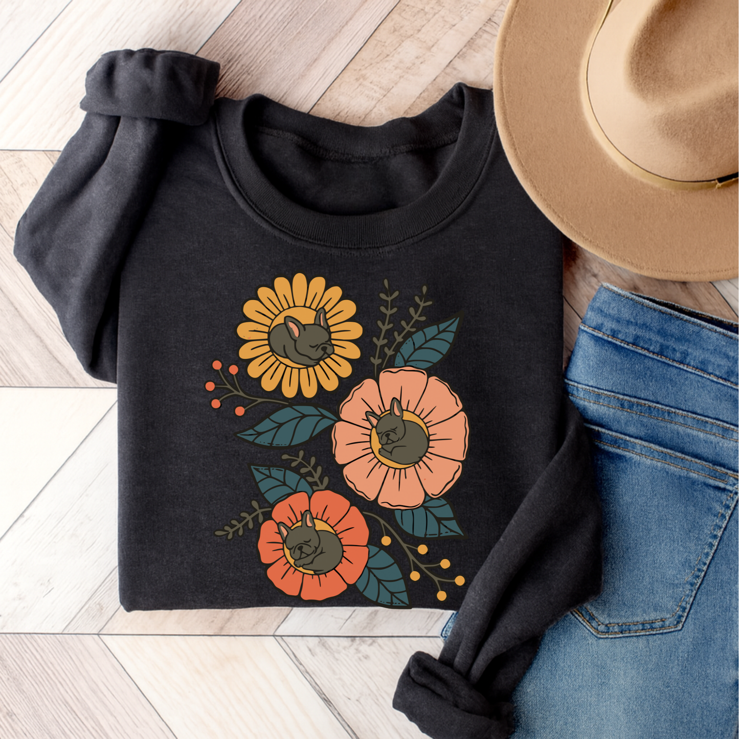Black Frenchie Sleeping Flowers Sweatshirt Dark Heather