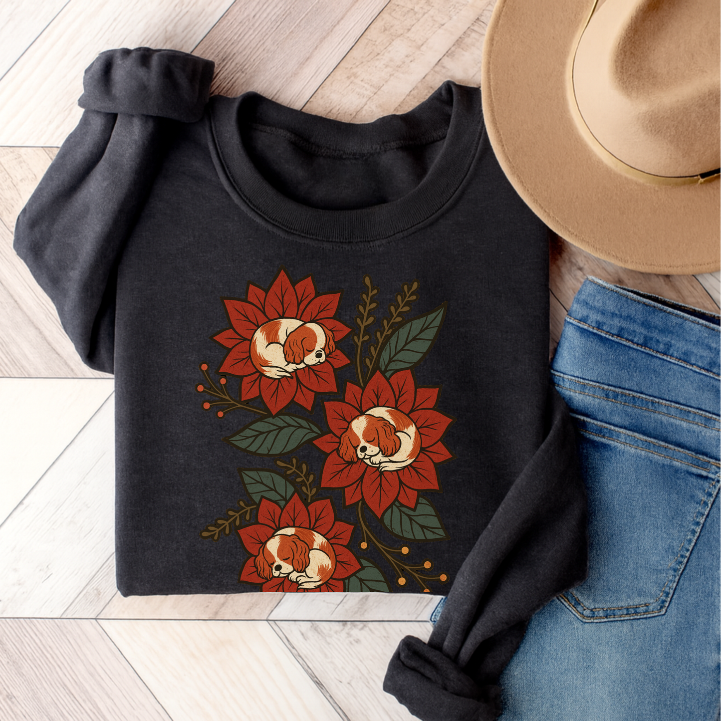 Blenheim Cavalier Christmas Flower Sweatshirt Dark Heather
