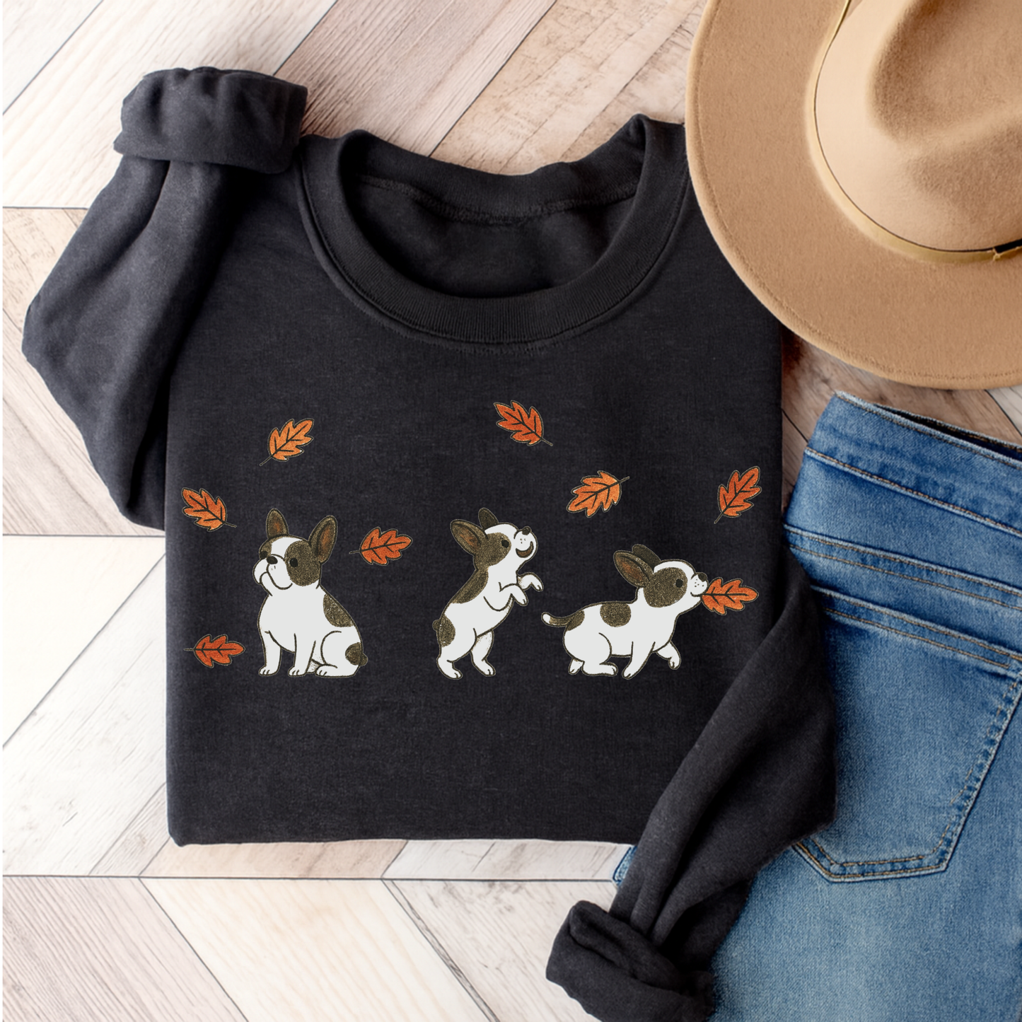 Piebald Frenchie Chasing Leaves Sweatshirt Dark Heather